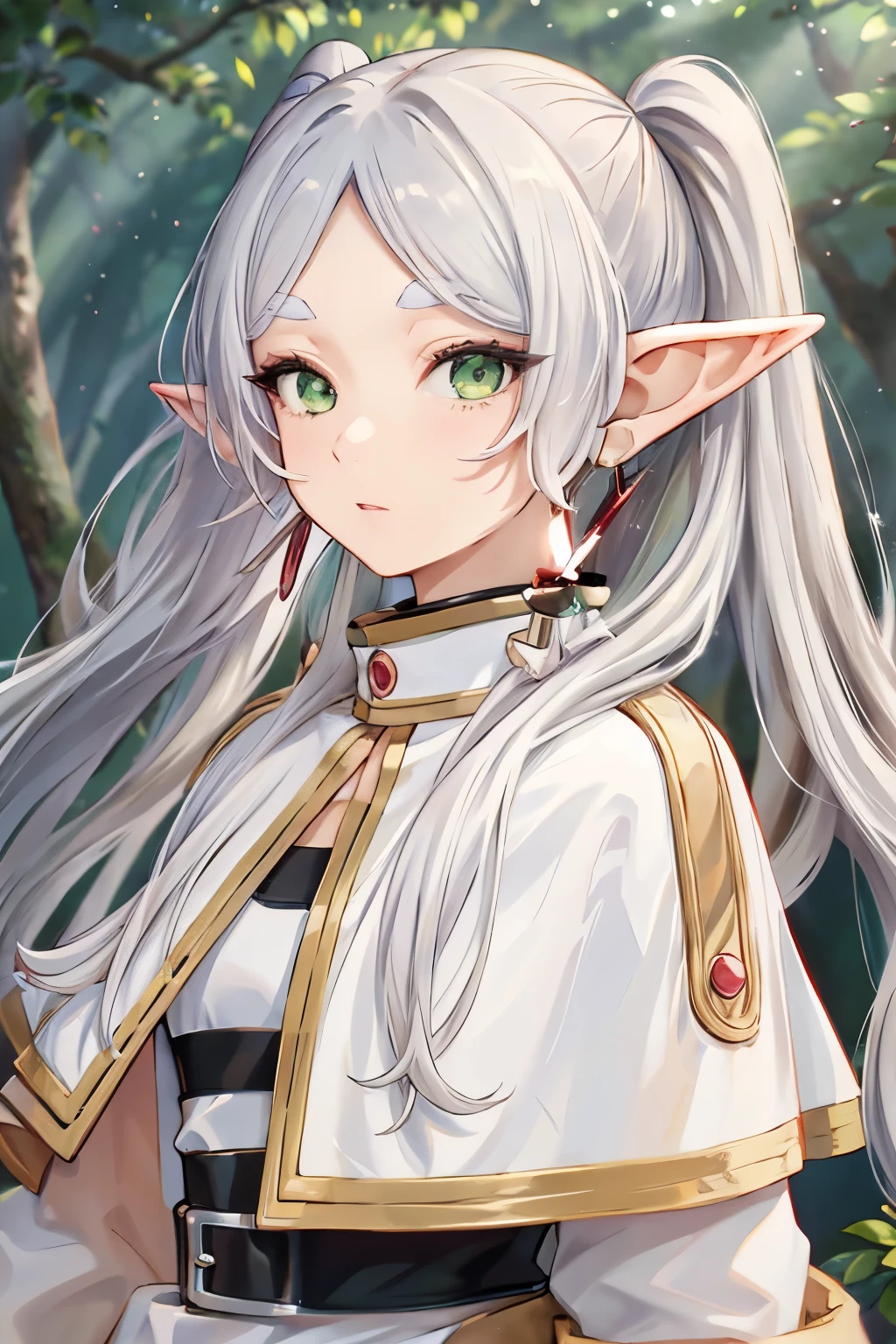 ((masterpiece)), (highest quality), High resolution, super detailed, disorganized,
 freeze, 1 girl, earrings, goblin, long hair, pointed ears, 一peopleで, twin tails, green eyes, earrings, gray hair, looking at the viewer, capelet, white capelet, white sleeves, long sleeve, Are standing, Upper body, 
 people々, Background in the forest