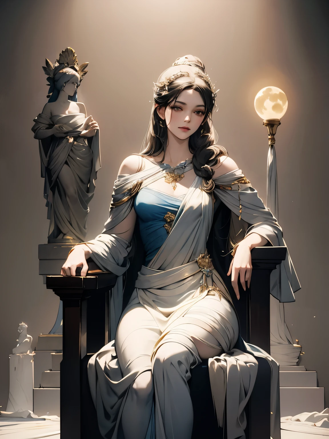 Marble statue of the goddess of the moon, monochromatic statue, sit on a chair, detailed face, long hair, delicate hair, loose clothing, masterpiece, very delicate, very detailed, Artistic, Sculptural works, Spotlight, high contrast, Light bulb color lighting, highest quality, Highest image quality