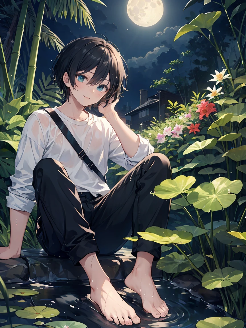 ((masterpiece,best quality)), 1 male, adult, handsome,full_moon, leaf, moon, plant, potted_plant, bamboo, 1guy, handsome man, palm_tree, butterfly, bug, water, tanabata, branch, barefoot, night, lily_pad, tanzaku, soaking_feet, vines, solo, outdoors, tree, very short black hair, wet, flower, smile, ivy, green_eyes, pants, lily_of_the_valley, sky, looking_at_viewer, palm_leaf, casual clothes, ((masterpiece,best quality)), beautiful detailed eyes, beautiful detailed face

