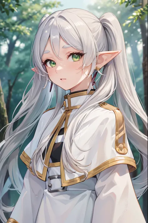 ((masterpiece)), (highest quality), High resolution, Super detailed, confused,
 freeze, 1 girl, earrings, long hair, pointy ears, one person々in, twin tails, green eyes, earrings, gray hair, looking at the viewer, capelet, white capelet, white sleeves, long...