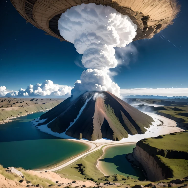 星空背景， 紫粉色外星人基地 (非常详细) 在沙漠山脉，有多个排气扇和烟囱, 一些聚光灯从底座出来，照亮黑暗的地方, (极夜), 夜空中有一些云, 一些周围行星为未知行星提供空气，最远的巨型火山正在喷发