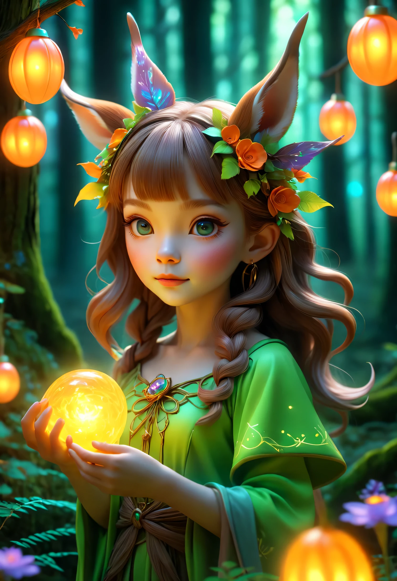 best quality，4K，8k，HD，masterpiece：1.2，super detailed，lifelike：1.37，flash，enchanted forest，magical atmosphere，charming scenery，rich and colorful，（Glowing fairy，Charming witches，Carefully cast），Cute fawn，glow，fluorescence，wand casting，Bottle filled with glow liquid，ethereal atmosphere