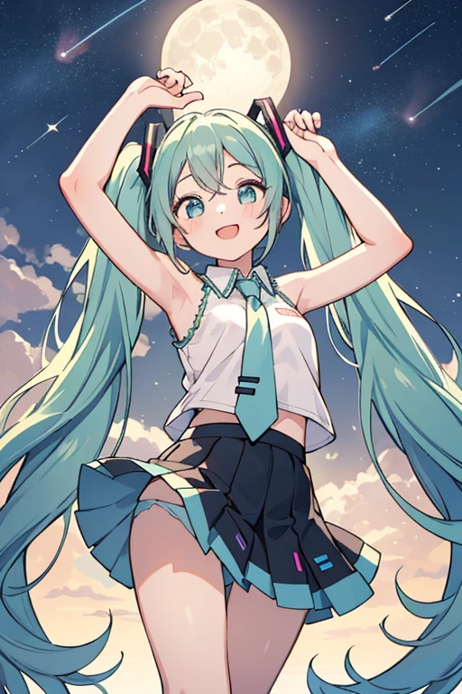  fille, Vert à longs cheveux, Queues jumelles, Hatsune Miku, des mains précises, tenue blanche sans manches, mini jupe, sourire enchanteur, Elle remonte sa jupe, Jupe retournée, Elle montre sa culotte, Culotte rayée blanche et bleu clair, Ciel nocturne d&#39;été, Extérieur, pluie de météorites, pas de lune, Regardant le ciel, Point de vue du sol, regardant du sol, 