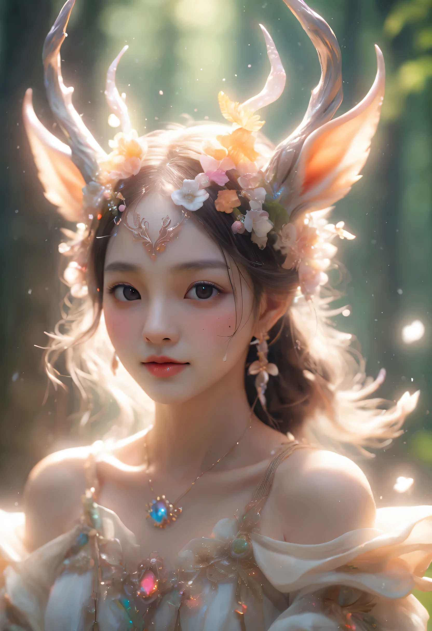 best quality，4K，8k，HD，masterpiece：1.2，super detailed，lifelike：1.37，flash，enchanted forest，magical atmosphere，charming scenery，rich and colorful，（闪闪glow的仙女，Charming witches，Carefully cast），Cute fawn，glow，fluorescence，wand casting，装满glow液体的瓶子，ethereal atmosphere