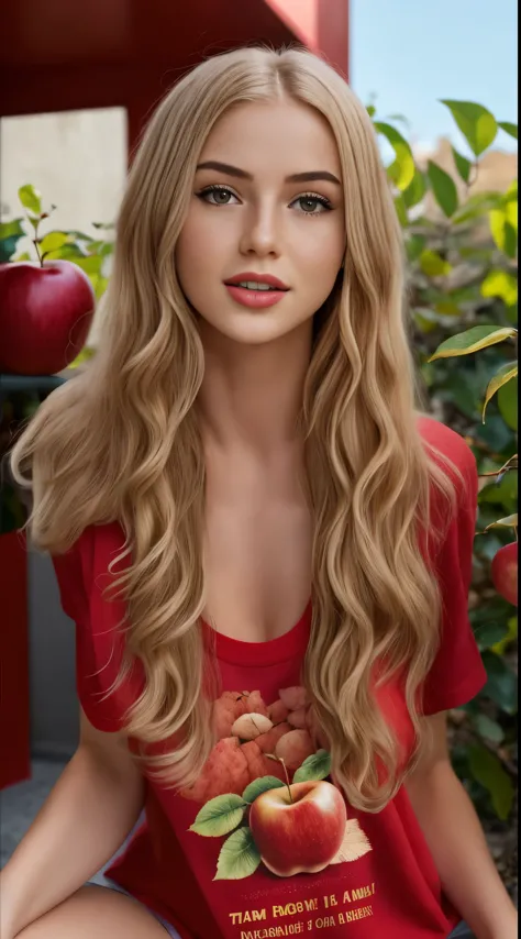 blond woman in t-shirt red top holding an apple in front of a bush, anna nikonova aka newmilky, karol bak uhd, t-shirt red, yele...