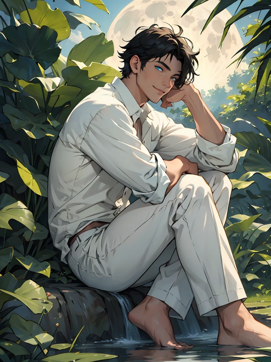 ((masterpiece,best quality)), 1 male, adult, handsome,full_moon, leaf, moon, plant, potted_plant, bamboo, 1guy, handsome man, palm_tree, water, tanabata, branch, barefoot, night, lily_pad, tanzaku, soaking_feet, vines, solo, outdoors, tree, very short black hair, wet, flower, smile, ivy, green_eyes, pants, lily_of_the_valley, sky, looking_at_viewer, palm_leaf, casual clothes, ((masterpiece,best quality)), beautiful detailed eyes, beautiful detailed face, white shirt, white pants

