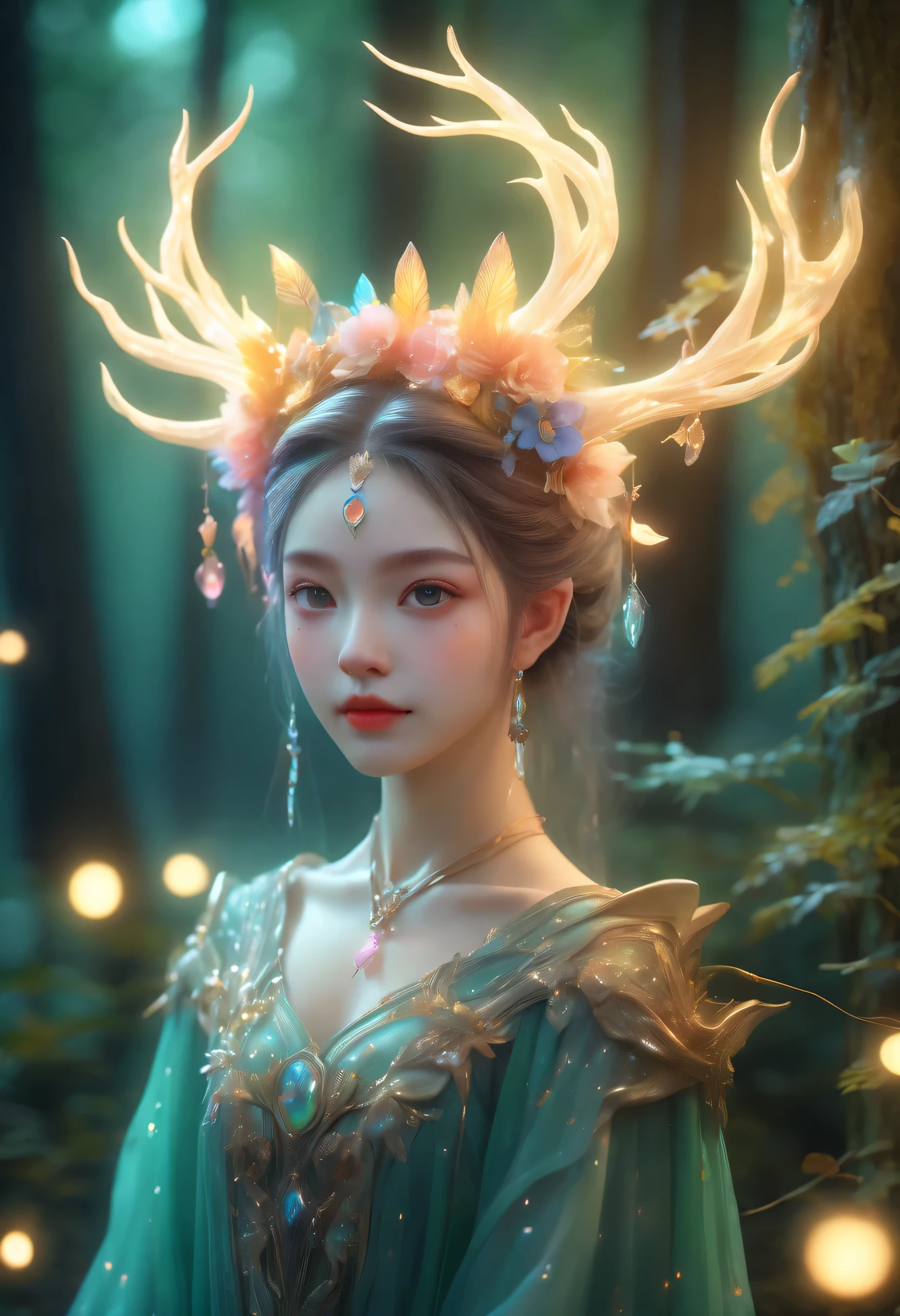 best quality，4K，8k，HD，masterpiece：1.2，super detailed，lifelike：1.37，flash，enchanted forest，magical atmosphere，charming scenery，rich and colorful，（Glowing fairy，Charming witches，Carefully cast），Cute fawn，glow，fluorescence，（wand casting，Bottle filled with glow liquid），ethereal atmosphere