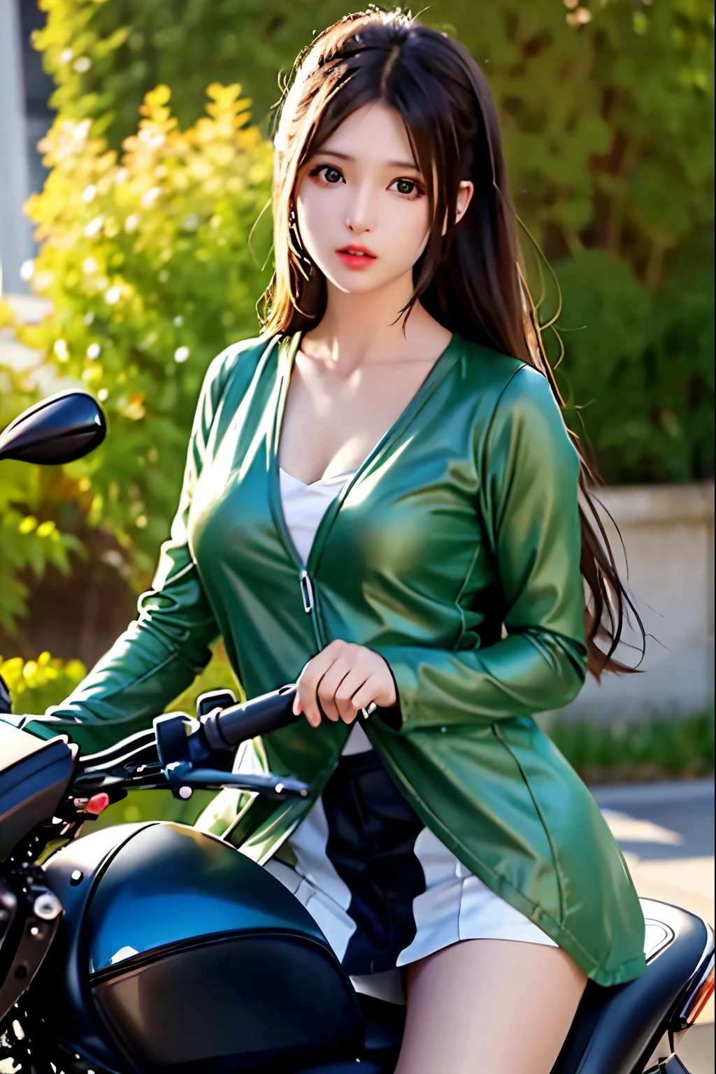 Araffe woman in green jacket sitting on a motorcycle in the street - SeaArt  AI