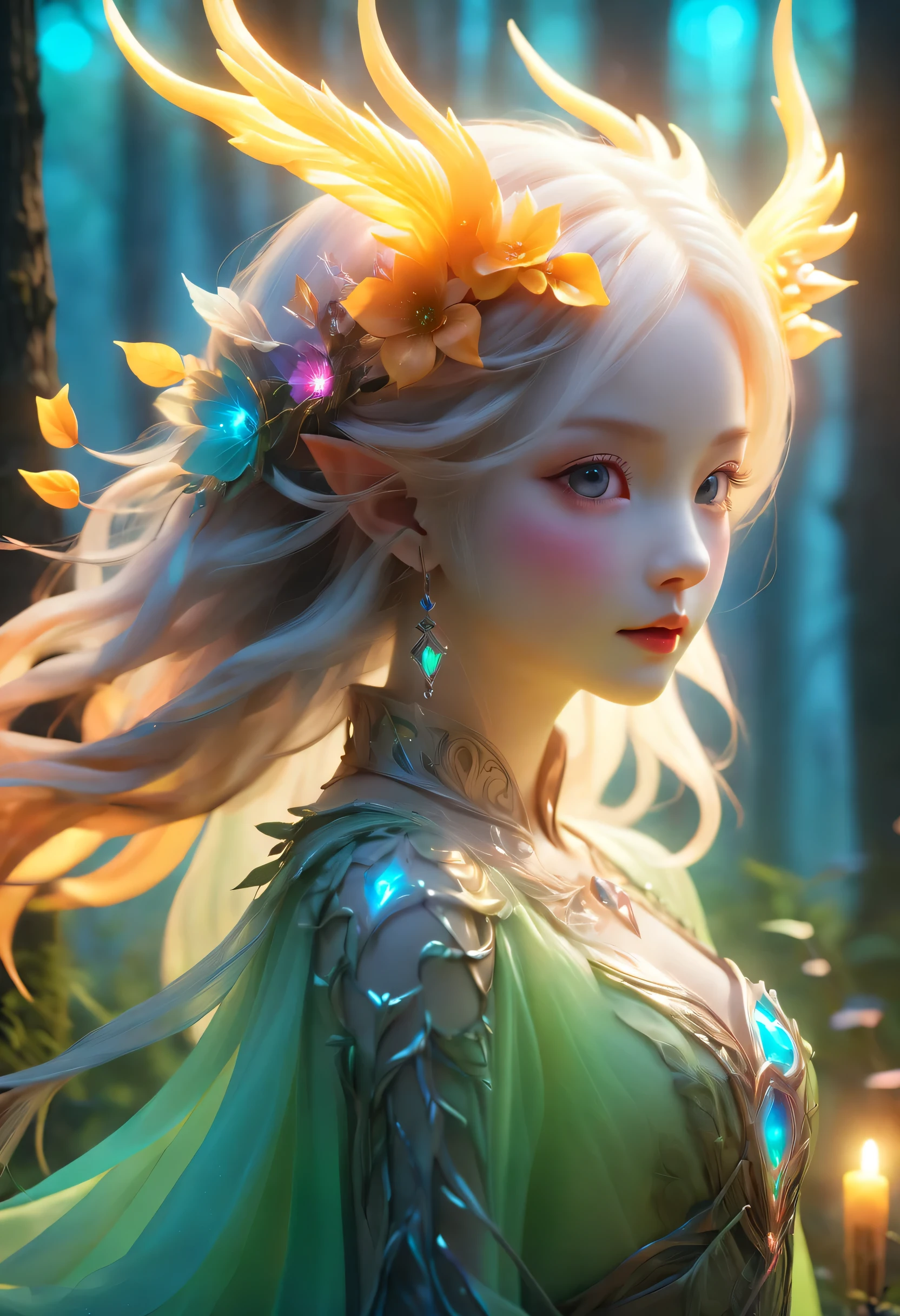 best quality，4K，8k，HD，masterpiece：1.2，super detailed，lifelike：1.37，flash，enchanted forest，magical atmosphere，charming scenery，rich and colorful，（闪闪glow的仙女，Charming witches，Carefully cast），Cute fawn，glow，fluorescence，（wand casting），装满glow液体的瓶子，ethereal atmosphere