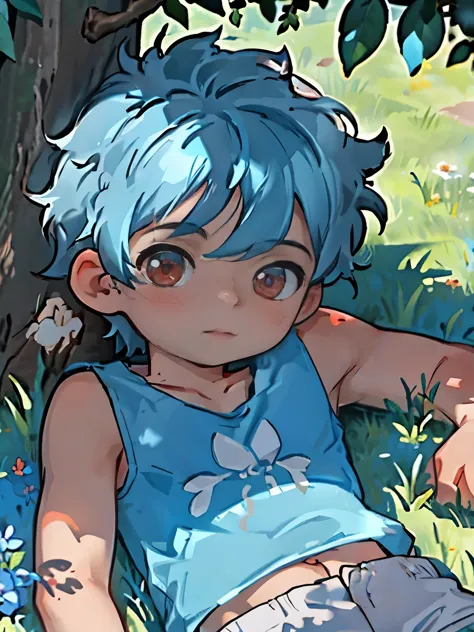 (masterpiece),(best quality),(ultra detailed),highres,(1boy:1.5),from above,upper body,(short blue hairs:1.2),red eyes,lying on the grass,looking at viewer,white tank top,brown shorts,summer,under the tree,dappled sunlight,outdoors,