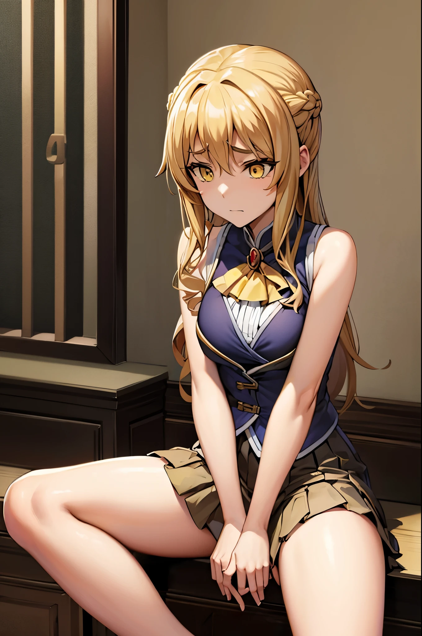 Anime girl sitting on a dresser with her legs crossed - SeaArt AI