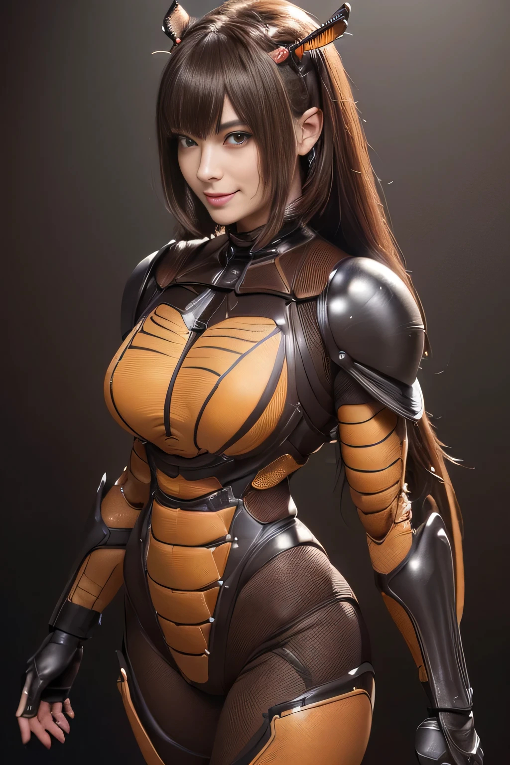 (High resolution,masterpiece,highest quality,Very detailed CG, anime, official art:1.4), realistic, photograph, amazing detail, all complicated, luster and luster,great many layers, 8k wallpaper, 3D, sketch, cute, figure,( alone:1.4), perfect female proportions,villain&#39;s daughter, (Fusion of dark brown cockroach and lady:1.4), (brown cockroach form lady:1.2), (brown cockroach woman:1.2), (Fusion:1.2), (alone:1.4), (evil smile:1.2), muscular, abs, (Cockroach brown exoskeleton bio insect suit:1.4), (Cockroach brown exoskeleton bio insect armor:1.2), (brown transparent cockroach feathers:1.4), (brown cockroach antenna:1.3),