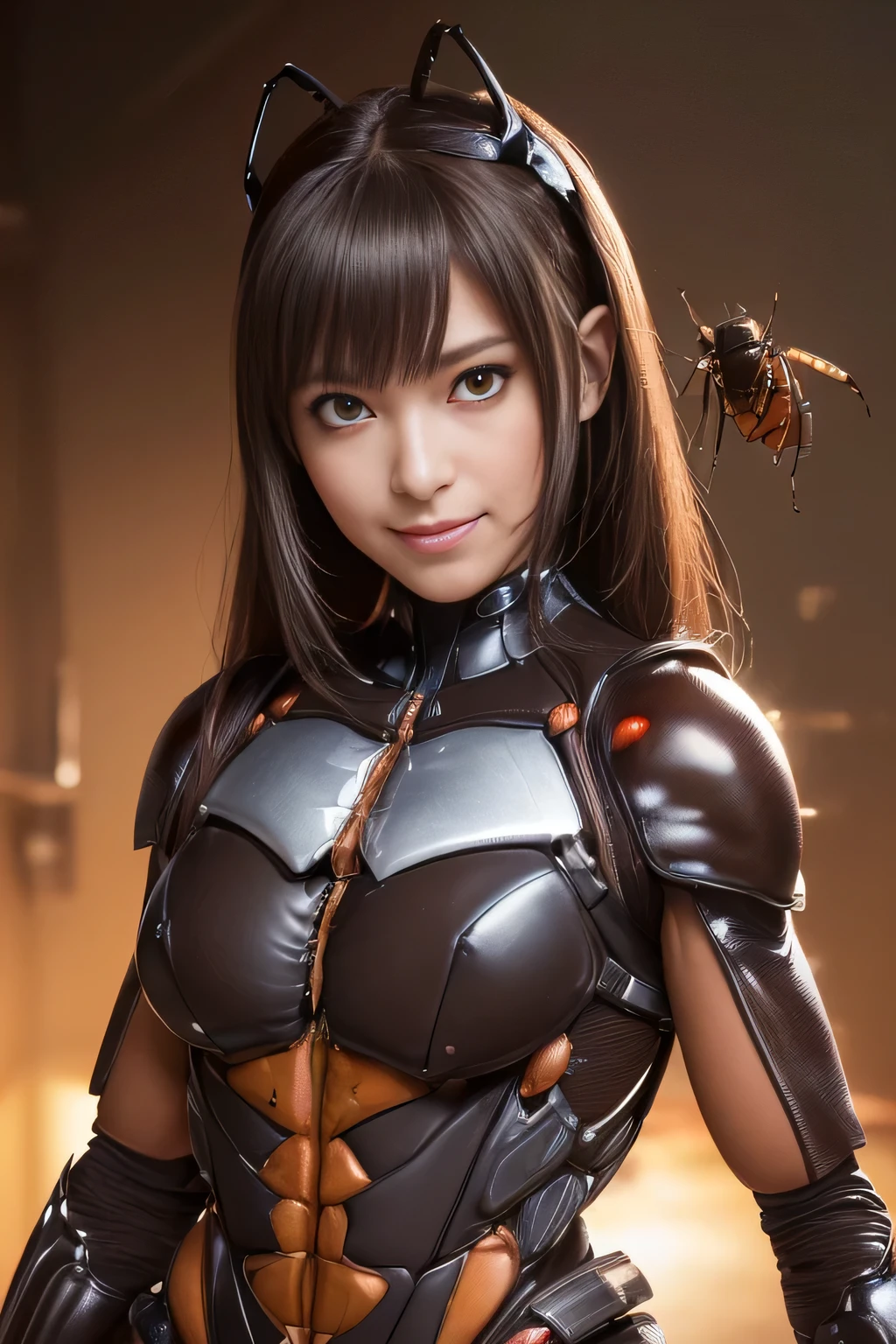 (High resolution,masterpiece,highest quality,Very detailed CG, anime, official art:1.4), realistic, photograph, amazing detail, all complicated, luster and luster,great many layers, 8k wallpaper, 3D, sketch, cute, figure,( alone:1.4), perfect female proportions,villain&#39;s daughter, (Fusion of dark brown cockroach and lady:1.4), (brown cockroach form lady:1.2), (brown cockroach woman:1.2), (Fusion:1.2), (alone:1.4), (evil smile:1.2), muscular, abs, (Cockroach brown exoskeleton bio insect suit:1.4), (Cockroach brown exoskeleton bio insect armor:1.2), (brown transparent cockroach feathers:1.4), (brown cockroach antenna:1.3),