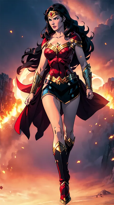 (((full body photo))) 1 woman, solo, Diana Prince (Wonder Woman), mommy, strong, breast, upper body shot, ((black and red colors...