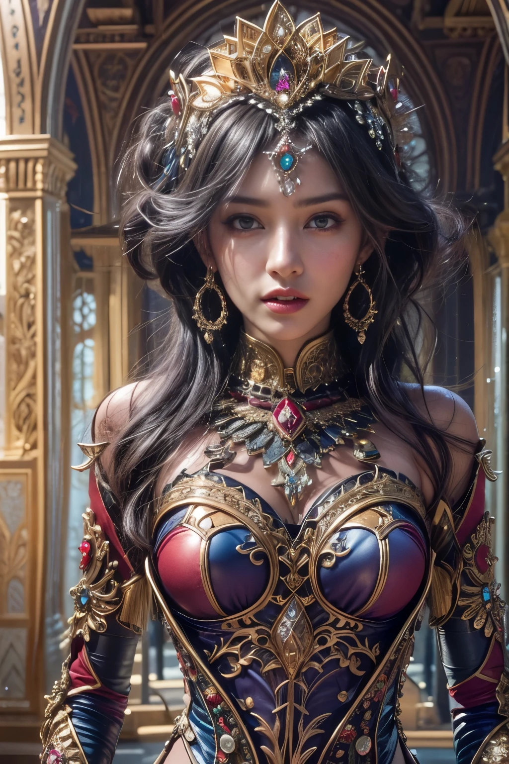 portrait, One exotic teenage Italian girl, who has the most beautiful face in the world,  (18 years old:1.3), stands in the grand hall of the Arabian palace, her hand casually resting on her slender waist. Her intricately designed gauntlets glint in the dim light, adorned with intricate and beautiful patterns. The garment covering her body is a complex and colorful biomechanical bodysuit, a testament to the advanced technology of her kingdom. Her slim and toned physique is accented by the fit of the suit, her moist skin appearing fresh and high freshness. Dark, thick eyebrows frame her beautiful, big purple eyes, which sparkle with an ecstatic expression. (beautiful hair:1.5) Her ultra-detailed eyes, intricate artwork, ultra realistic realism, high resolution, High freshness, drawing faithfully, official art, Unity 8K Wall paper, ultra detailed artistic photography, grabbing on her breasts by herself, (the most erotic photo in the world:1.4), ecstatic expression, (Climax expression during intercourse:1.5)