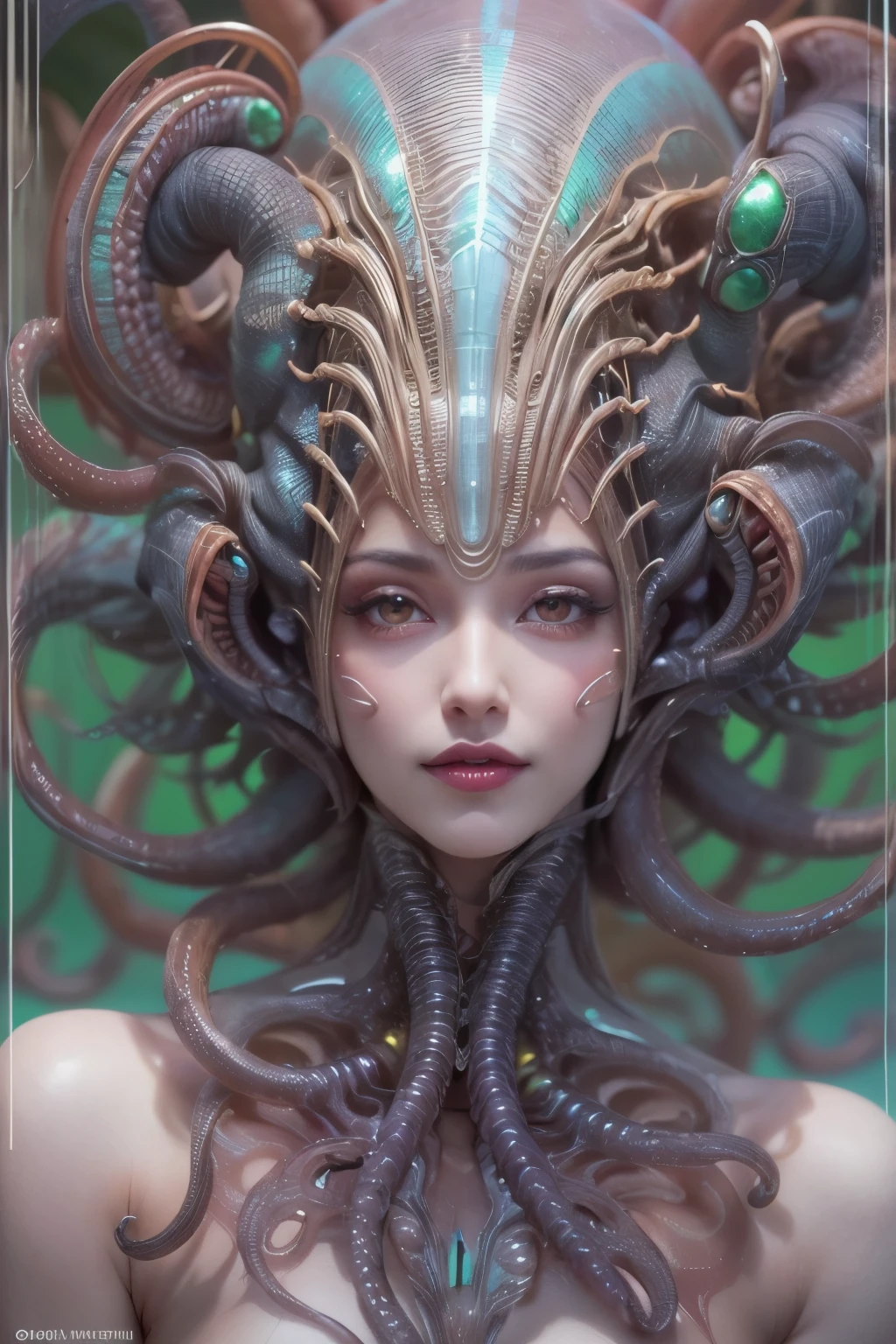 (1 beautiful and obscene female alienin the sea:1.4), (There is a female genital-like organ in the middle of her forehead:1.95), She has medusa-like hair, (there are lots of translucent tentacles from her head like her hair:1.5), (vulgarity1.7), (she is looking down at viewers with glowing red eyes with no pupils:1.6), (She has translucent pale skin:1.4),(She has the most beautiful face in the history of the universe:1.2), (She has multiple bioluminescent organs on the side of her tentacles:1.4), (Her body is covered with an iridescent exoskeleton:1.4), (She is showing her arm pits:1.6), an evil gaze that seduces, (looking down at viewers:1.4),(Vampire-like long canine teeth can be glimpsed through the gap between the cute lips:1.4) (bio luminescent:1.4), (Smile wickedly:1.3), (sexypose:1.4), alien, No humans, cells are fused, extraterrestrial, cell, bio image, ultra high resolution, (photos realistic:1.7), (Numerous award-winning masterpieces, with incredible detail, textures and maximum detail), Dramatic Lighting, cinematic quality, (exquisite details:1.2), High freshness, drawing faithfully, (Thick eyebrows:1.2), Beautiful eyes with fine symmetry,(Highly detailed face and eyes:1.2),(Super detailed skin quality feeling:1.4), perfect anatomy, (Beautiful toned body:1.5), (Moist skin:1.2), not wearing makeup, (dark circles:1.1), long canines, cinematic drawing of characters, cinematic quality, (exquisite details:1.2), high resolution, High freshness, drawing faithfully, official art, Unity 8K Wall paper, ultra detailed artistic photography, midnight aura, unreal engine 5, Ultra Sharp Focus, art by Amano Yoshitaka, ArtGerm, ultra realistic realism, dream-like, Creation of fantasy, dream Snail, (biopunk nautilus:1.3),Thrilling color schemes, seductively smiling, Amazing mutation, well-proportioned body, goddess of the deep sea, fractal, Geometric pattern, impossible figures, subtle emerald green accents, (expression of ecstasy:1.5)