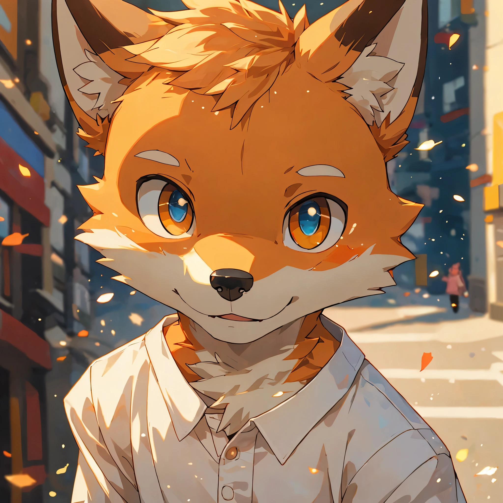 Masterpieces,official art,furry,male,shota,Anthropomorphic orange fox,Delicate face,two colors eyes blue and orange,no hair, white shirt, street, depth of field, perfect lighting, light particles,(best quality),(masterpiece),(ultra detailed),sharp focus,light particles
