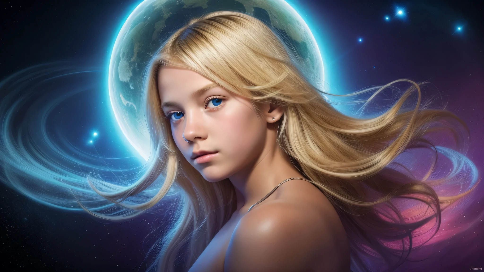 a KIDS GIRL BLONDE 12 years old, portrait, Diving Into The Ether Flowing with The Eternal Soul Through Vibration of love, everything is connected, Flowing energy, Spiritual, divine, dreamlike, cosmic, concept art, mind blowing, feminine beauty, god, pineal gland, dreamlikeart