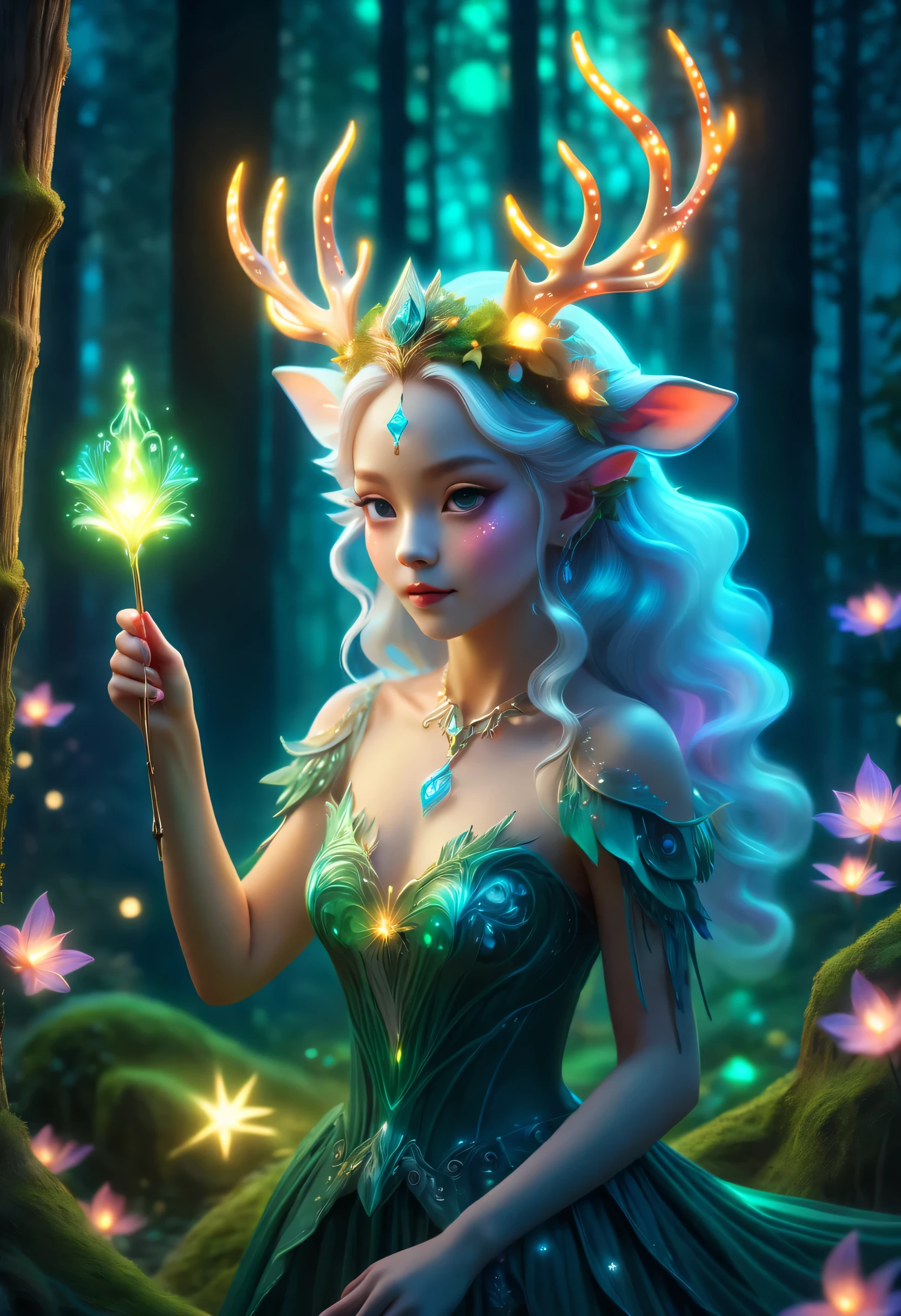 best quality，4K，8k，HD，masterpiece：1.2，super detailed，lifelike：1.37，flash，enchanted forest，magical atmosphere，charming scenery，rich and colorful，（闪闪glow的仙女，queen of the forest，Charming witches，Carefully cast，French formation），Cute fawn，glow，fluorescence，wand casting，装满glow液体的瓶子，ethereal atmosphere