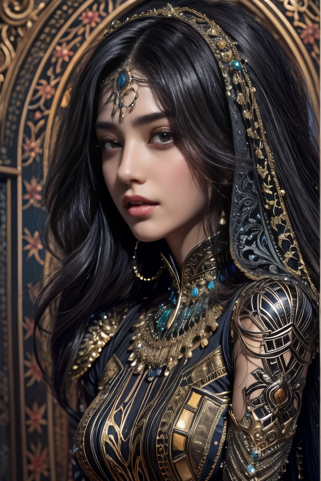 portrait, One exotic teenage Saudi Arabian girl, who has the most beautiful face in the world,  (1:1.3), stands in the grand hall of the Arabian palace, her hand casually resting on her slender waist. Her intricately designed gauntlets glint in the dim light, adorned with intricate and beautiful patterns. The garment covering her body is a complex and colorful biomechanical bodysuit, a testament to the advanced technology of her kingdom. Her slim and toned physique is accented by the fit of the suit, her moist skin appearing fresh and high freshness. Dark, thick eyebrows frame her beautiful, big purple eyes, which sparkle with an ecstatic expression. (jet black hair:1.5) Her ultra-detailed eyes, intricate artwork, ultra realistic realism, high resolution, High freshness, drawing faithfully, official art, Unity 8K Wall paper, ultra detailed artistic photography, grabbing on her breasts by herself, (the most erotic photo in the world:1.4), ecstatic expression, (Climax expression during intercourse:1.5)