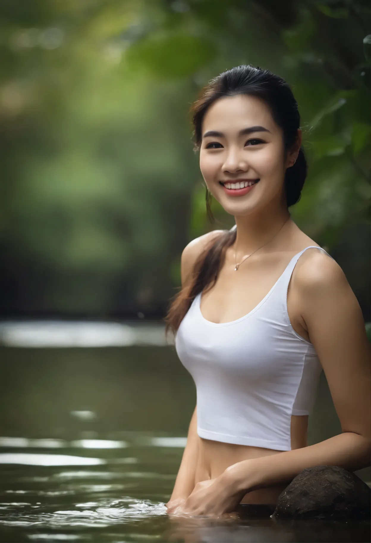 Arafed asian woman in a white tank top sitting in a river - SeaArt AI