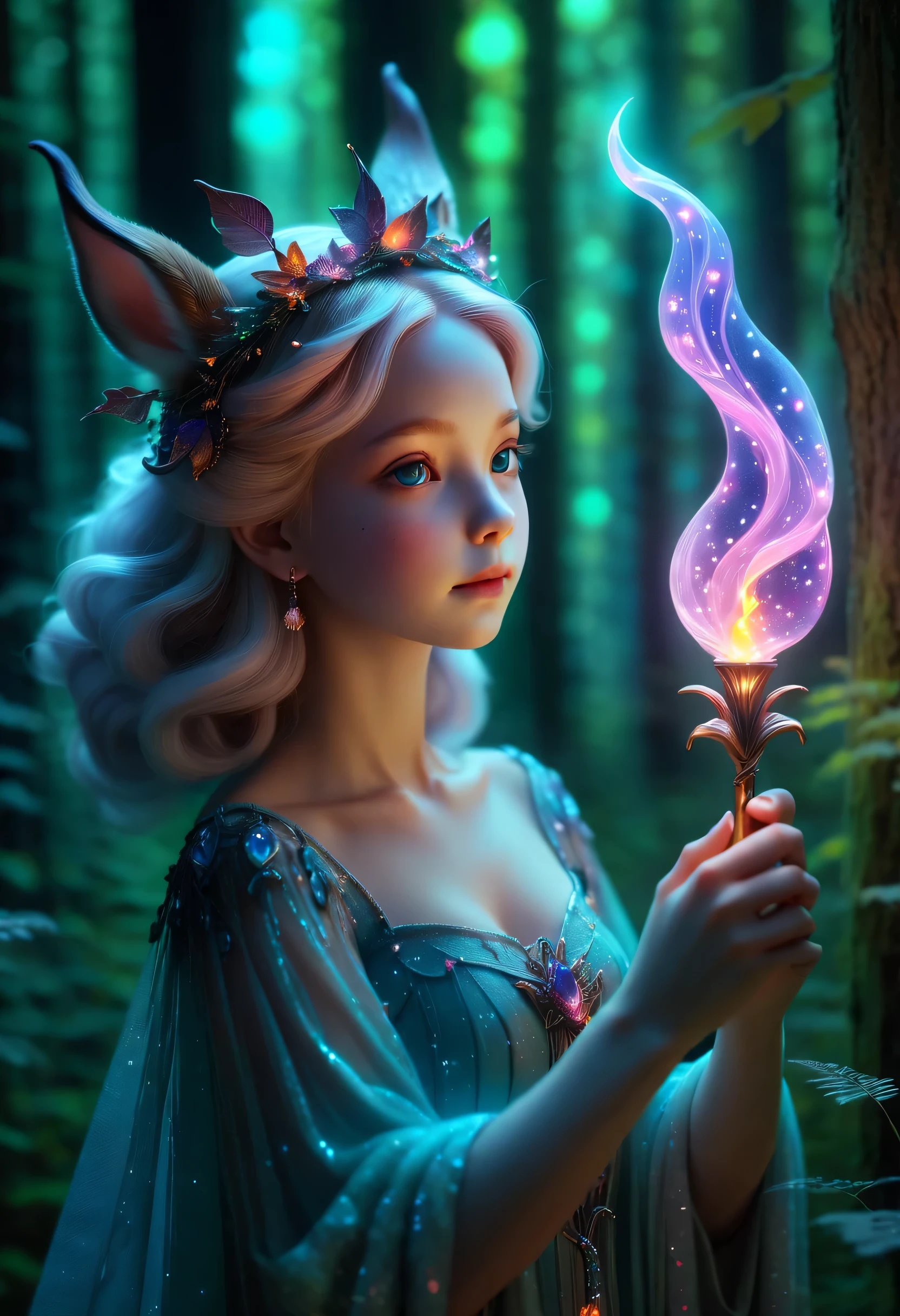 best quality，4K，8k，HD，masterpiece：1.2，super detailed，lifelike：1.37，flash，enchanted forest，magical atmosphere，charming scenery，rich and colorful，（Glowing fairy，queen of the forest，Charming witches，Carefully cast，French formation），Cute fawn，glow，fluorescence，wand casting，Bottle filled with glow liquid，ethereal atmosphere