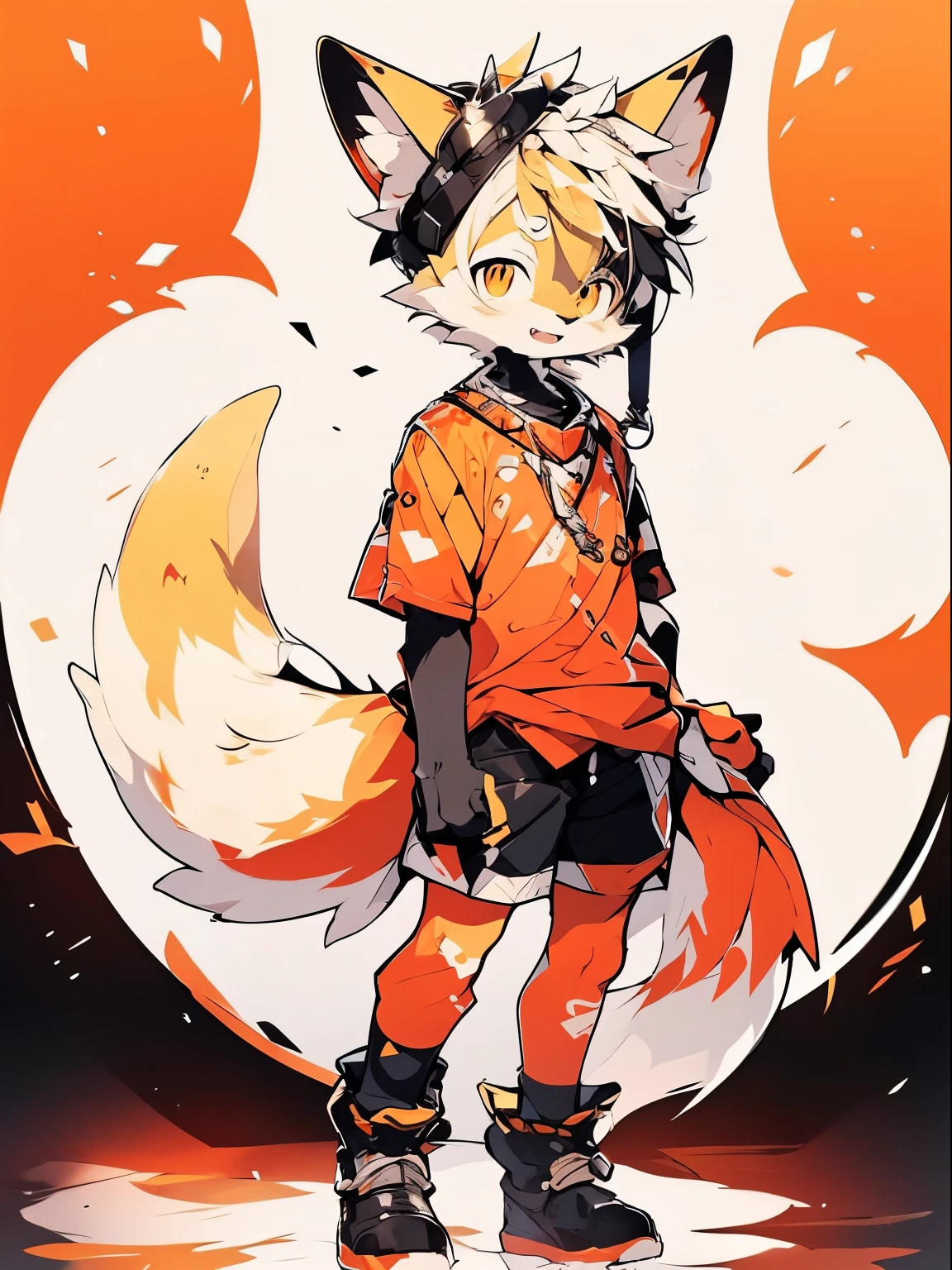 furry fury，orange color狐狸耳朵，（orange color）hair,（orange color）hair，orange color眼仁，（orange color）of the tail，Wear body armor，Shota，With a submachine gun，Wearing modern body armor，military，Detailed war scenes