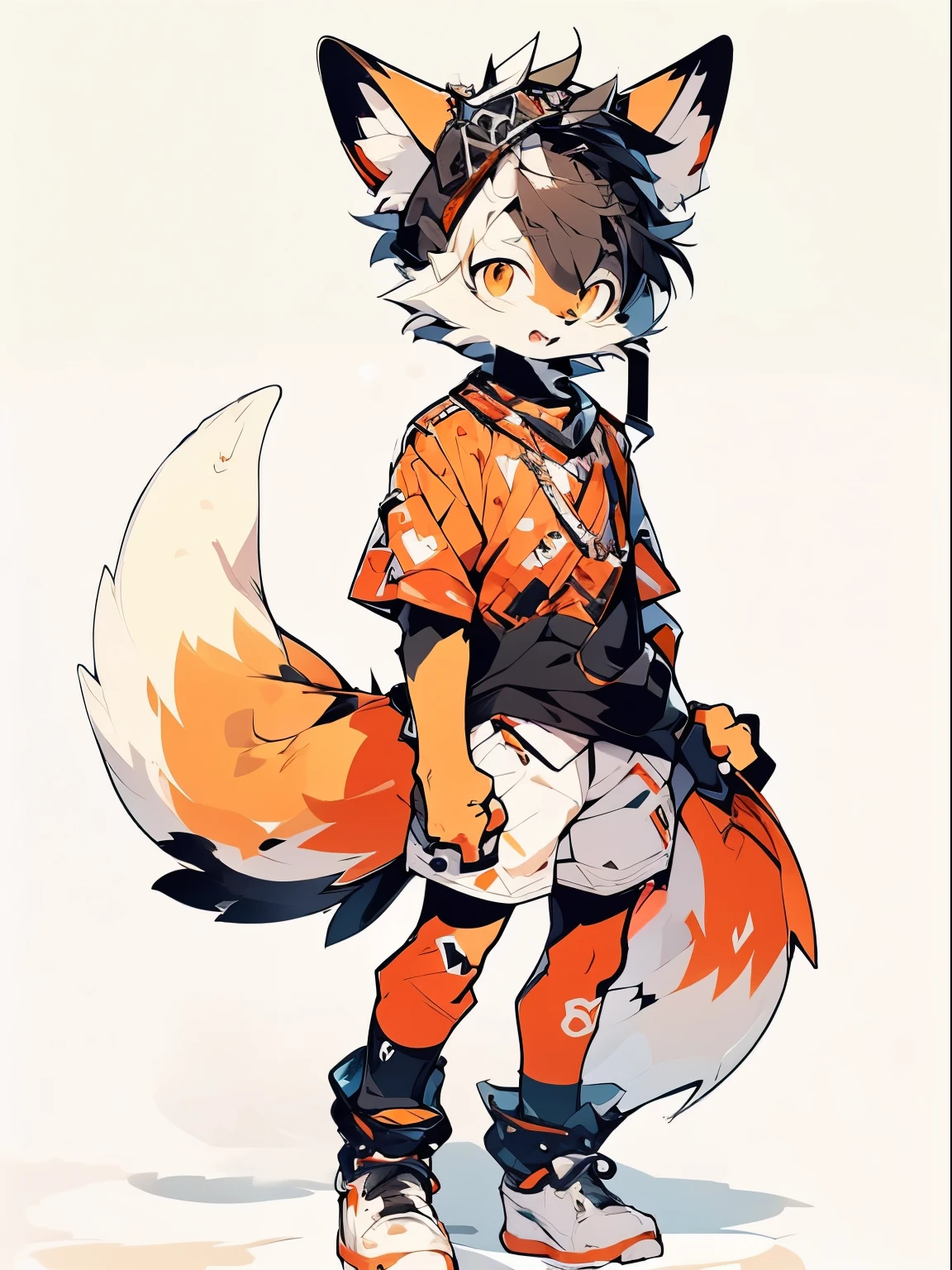 furry fury，orange color fox ears，（orange color）hair,（orange color）hair，orange coloreye，（orange color）of the tail，Wear body armor，shota，With a submachine gun，Wearing modern body armor，military，Detailed war scenes