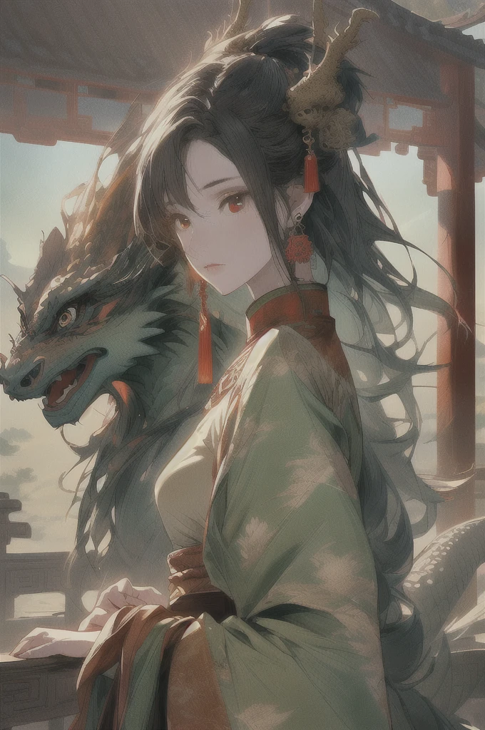 a girl with a Eastern dragon, chinese clothes, Dunhuang style, jewelry, earrings, hair ornament, wide sleeves, PIXIV, midjourney portrait, panoramic view, Ultra high saturation, (best quality, masterpiece, Representative work, official art, Professional, 8k:1.3)