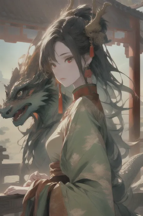 a girl with a eastern dragon, chinese clothes, dunhuang style, jewelry, earrings, hair ornament, wide sleeves, pixiv, midjourney...