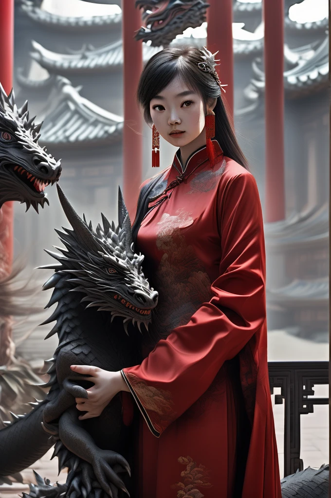 une fille chinoise avec un dragon oriental, Vêtements rouges, À la manière de Dunhuang, bijoux, des boucles d&#39;oreilles, ornement de cheveux, manches larges, pixiv, portrait à mi-parcours, Vue panoramique, Saturation ultra élevée, (Meilleure qualité, chef-d&#39;œuvre, Travail représentatif, art officiel, professionnel, 8k:1.3)