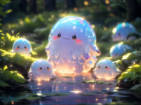 super cute slime, reflecting light, colorful bubbles, magical forest, ultra-detailed, best quality, soft lighting, fantasy style, vibrant colors