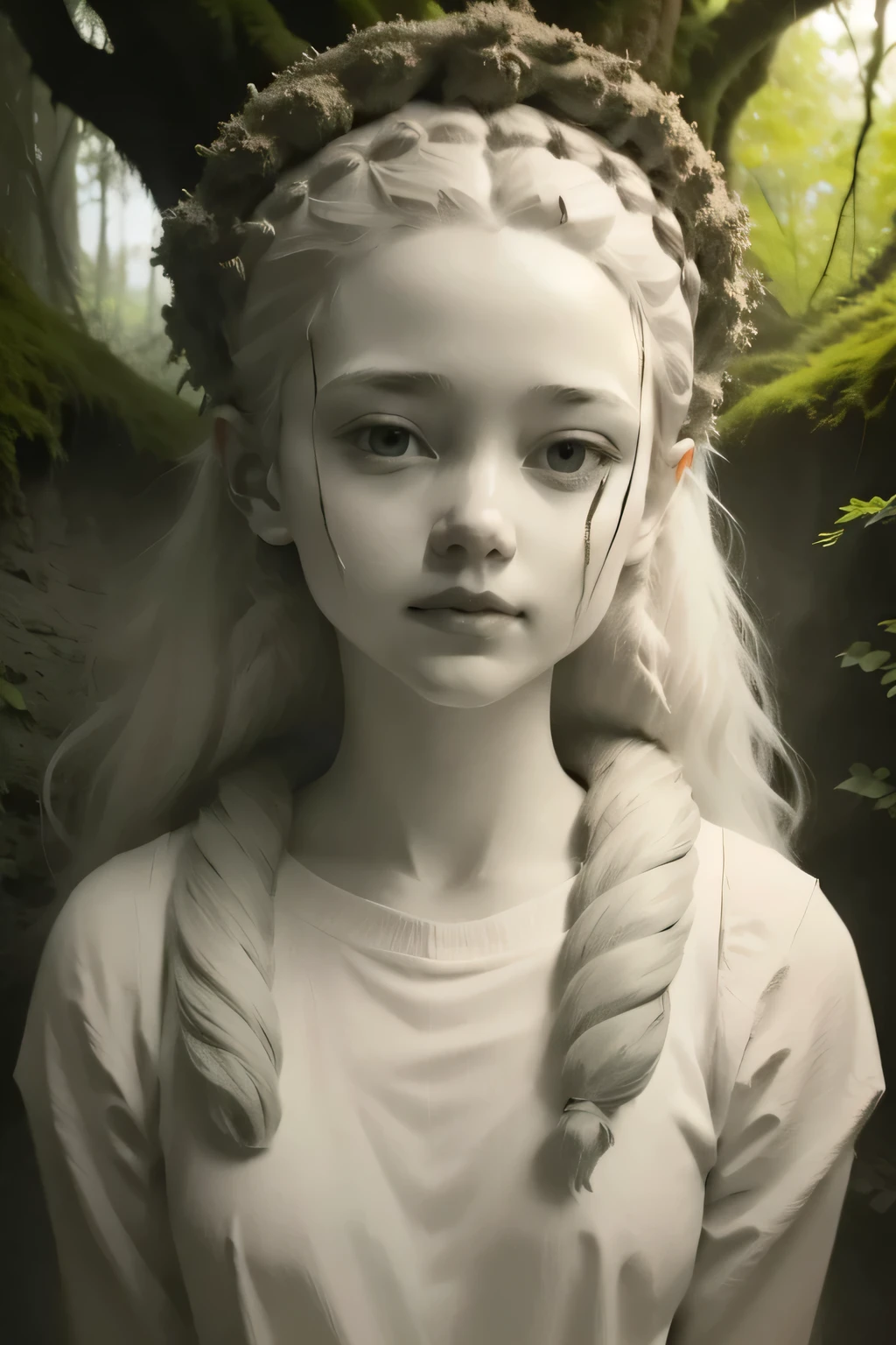 a close up of a statue of a KIDS GIRL BLONDE 12 years old, portrait, with moss growing on his face, god of nature, god of the forest, nature art, incredible art, mother nature, mossy head, made of vines, enchanted with nature spirit, his head covered in roots, vine art, hair made of trees