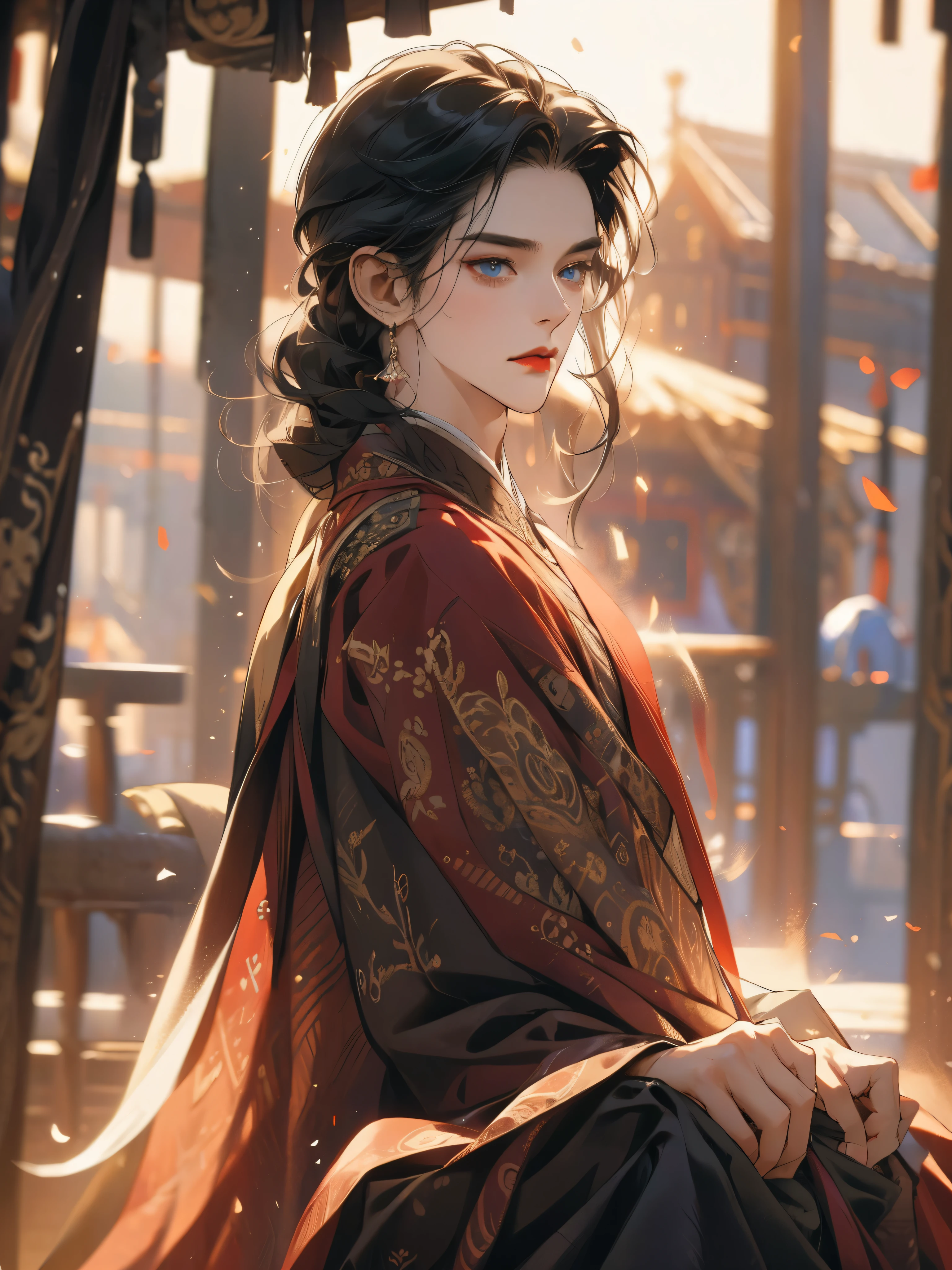 work of art, best qualityer, HDR, perfect illustration, perfectionist anatomy, dynamic light, one  men, standing alone, tenet, black clothing, tails, blue colored eyes, Bblack hair, royal dress, posh, tears, Red lips, bonitas, hooked, tenet, 苗条, naive eyes