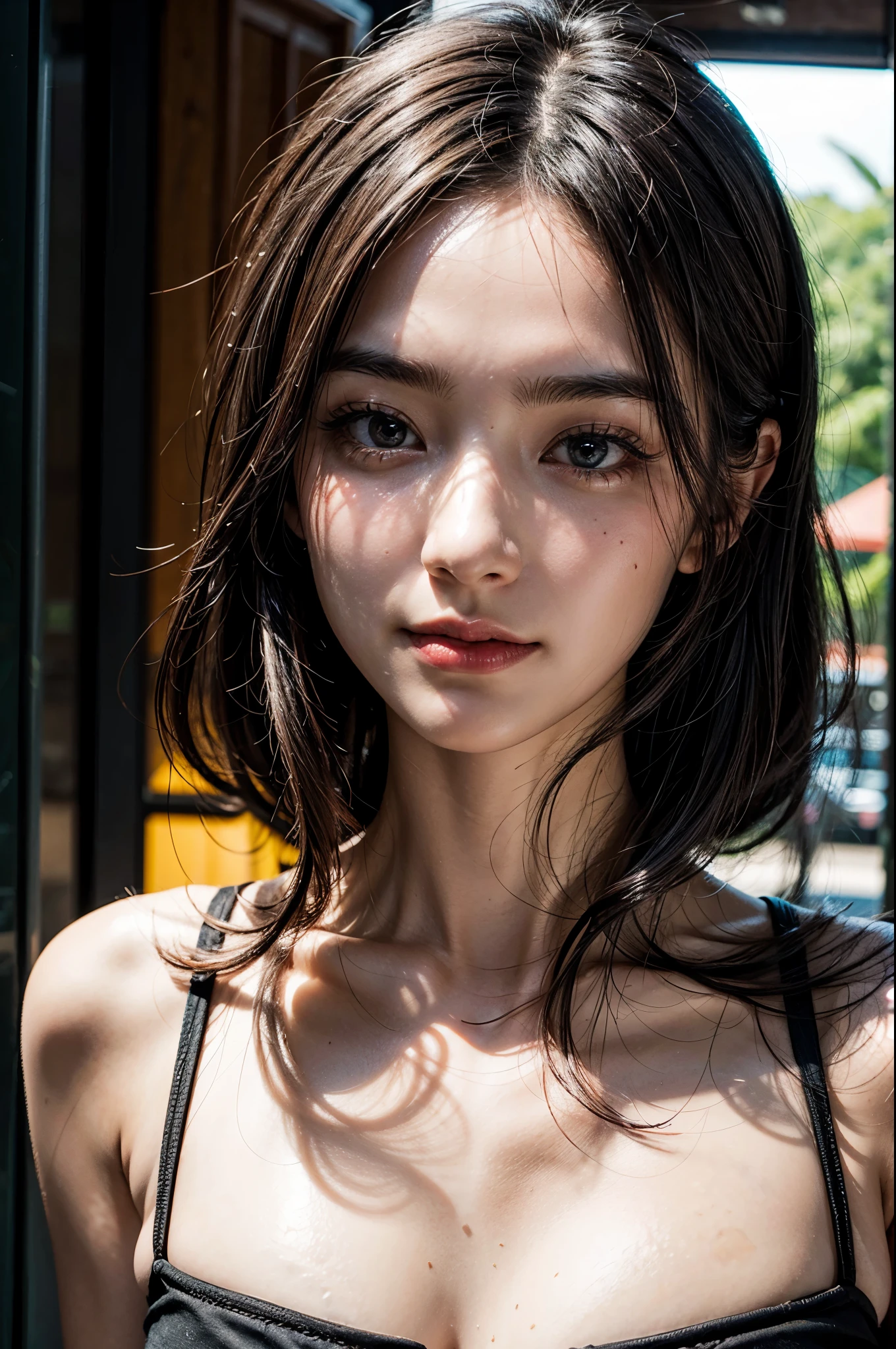 RAW photo, face portrait photo of beautiful 26 y.o woman, cute face, wearing black dress, happy face, hard shadows, cinematic shot, dramatic lighting