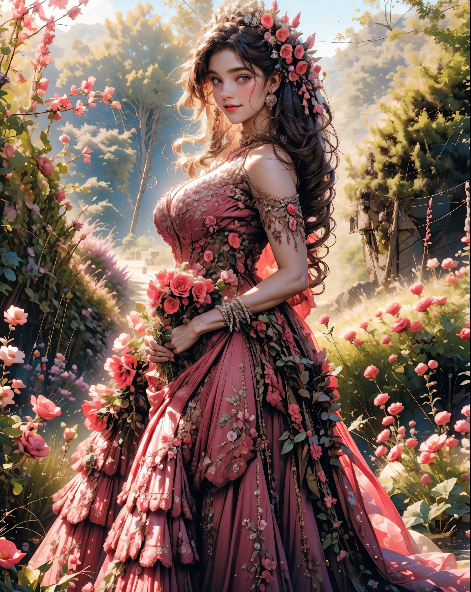 A woman in a dress standing in a garden with flowers - SeaArt AI