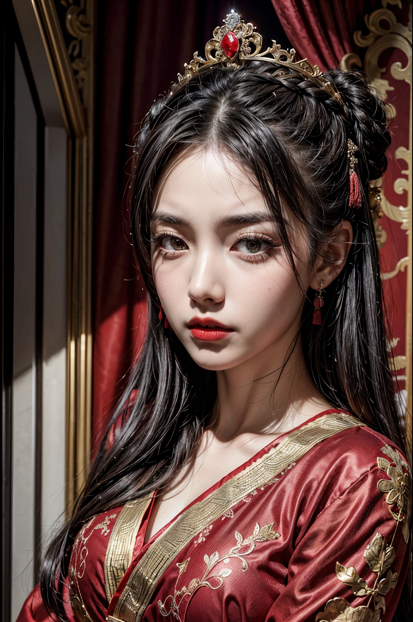 qu (dramatic, gritty, intense:1.4), masterpiece, best quality,8k, insane details, intricate details, hyper quality, high detail, ultra detailed, realistic, a woman in a red and gold dress with a tiara on her head, (solo:1.5), hair stick, blush, shy, black_hair, crown, (2 red candles), chinese_clothes, curtains, earrings, hair_ornament, hanfu, Perfect proportions, indoors, jewelry, long_sleeves, red dress, red lips,(Red quilt),(red palace:1.2), A shot with tension, (sky glows red, Visual impact, giving the poster a dynamic and visually striking appearance:1.2), Chinese Zen style, impactful picture, (upper body:1.5), eyeshadow, eyeliner, red lips, (Lower one's head,Gloom:1.3), detailed eye description, Delicate Faces,(Beautiful and detailed facial depiction), Realistic skin,