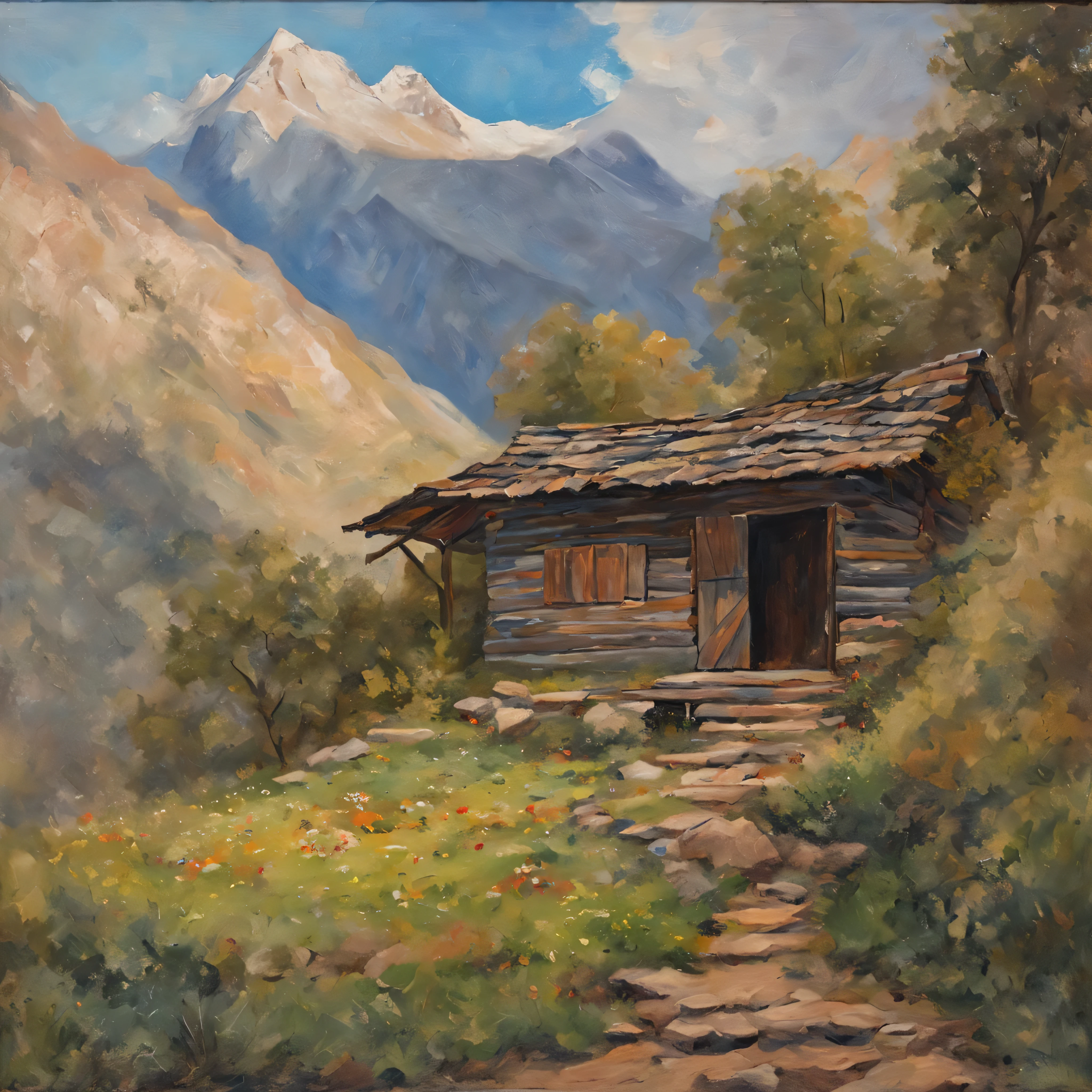 an oil painting of an old hut in middle mountains, immaculate composition, colorful and bright, vintage painting 