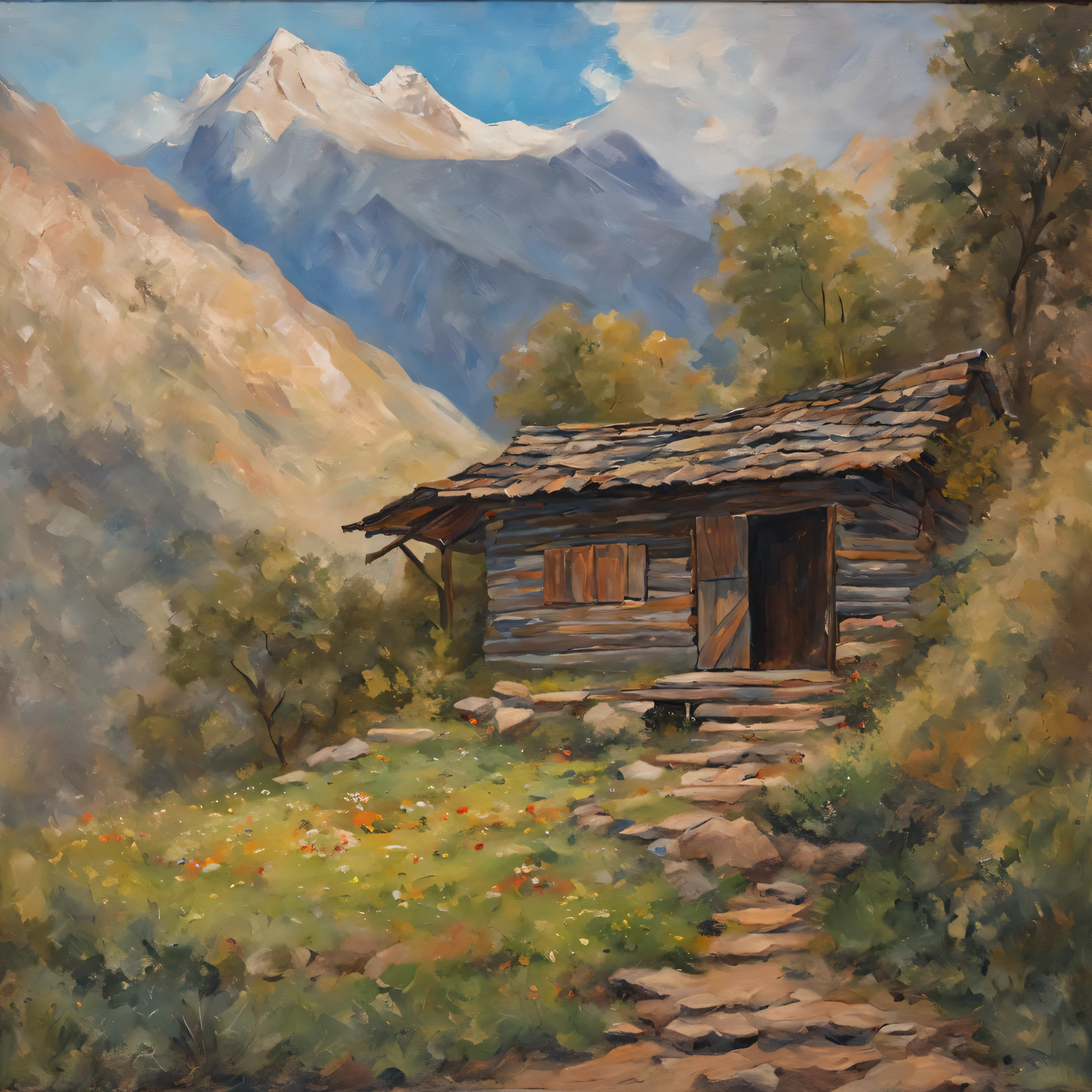 uma pintura a óleo de uma cabana velha em meio às montanhas, composição imaculada, colorido e brilhante, Pintura vintage 