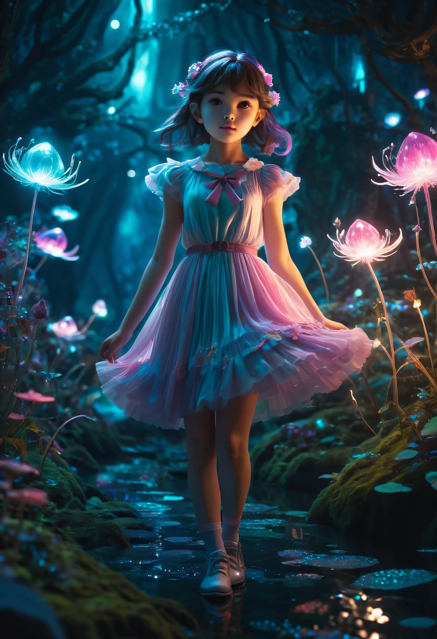 In a whimsical, fantastical realm, a magical girl stands poised, her eyes sparkling with determination and wonder, The scene is rendered with vibrant, Ghibli-like colors, capturing the girl's dynamic pose and the enchanting details of her surroundings with a dreamlike, ethereal quality, The effect of bioluminous, otherworldly lighting infuses the moment with a sense of enchantment, as the girl's mystical powers and indomitable spirit are brought to life through the masterful use of volumetric lighting and surreal, glowing hues