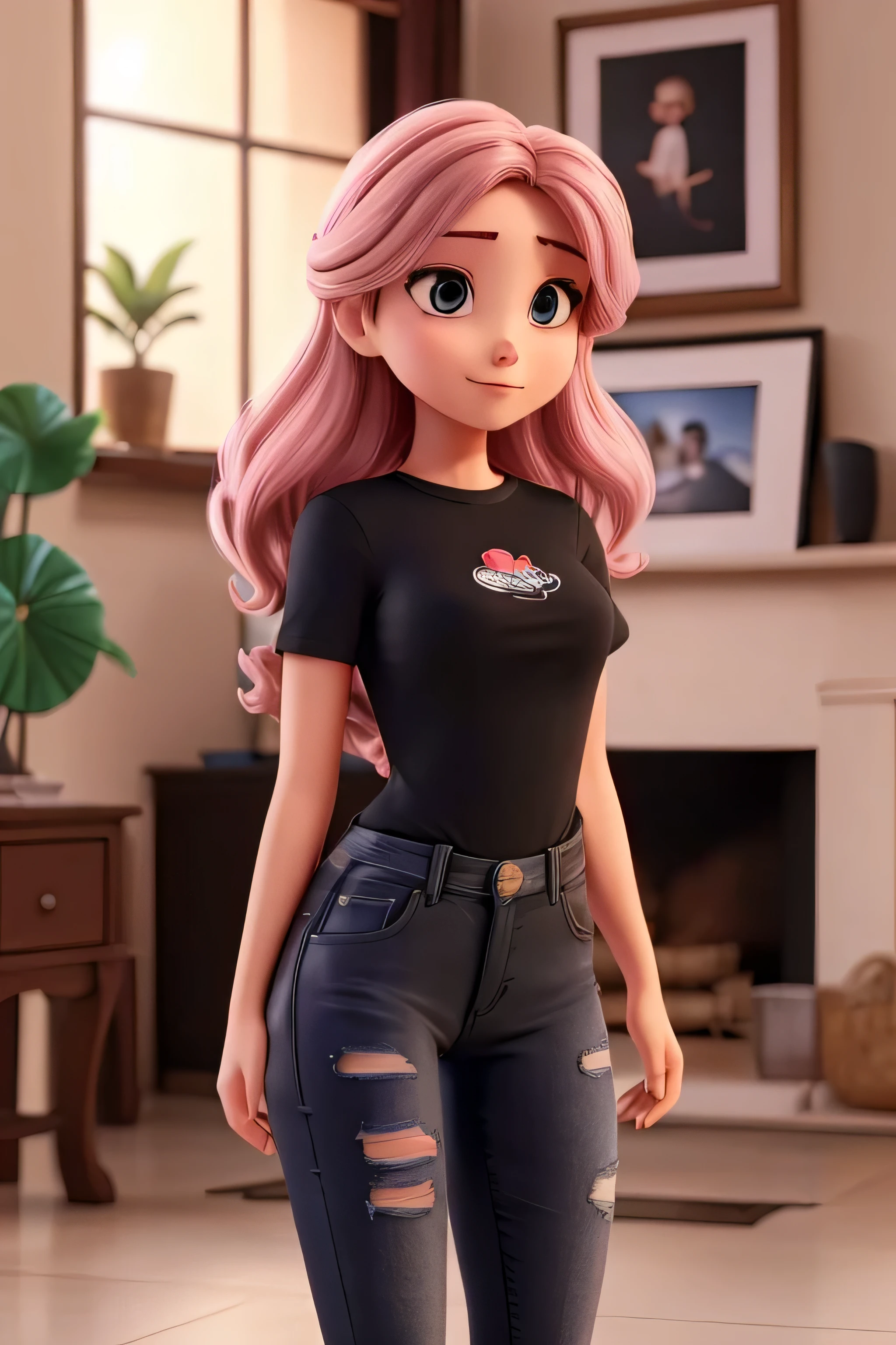 A cartoon girl with pink hair and jeans standing in a living room - SeaArt  AI