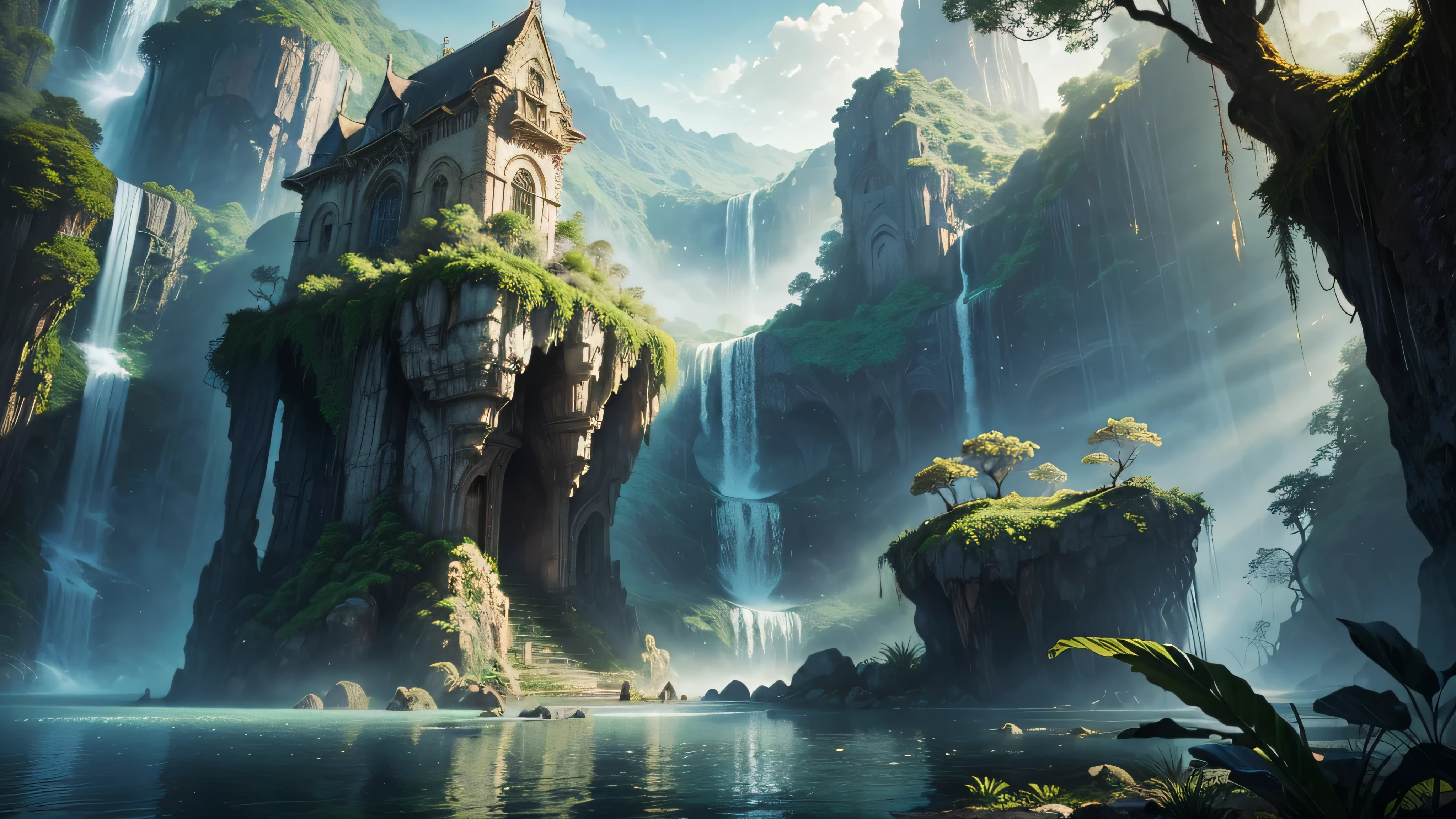 There is a waterfall in the middle of a tropical jungle, bela fantasia detalhada, fantasia altamente detalhada, fantasy scenic, arte digital de fantasia detalhada, Arte digital de fantasia 2D, arte digital detalhada de fantasia 2D, impressive paisagem de fantasia, fantasy pictorial style, arte estilo fantasia, medieval paisagem de fantasia, paisagem de fantasia, realistic fantasy illustration, Arte de fantasia 4k, cidade de fantasia