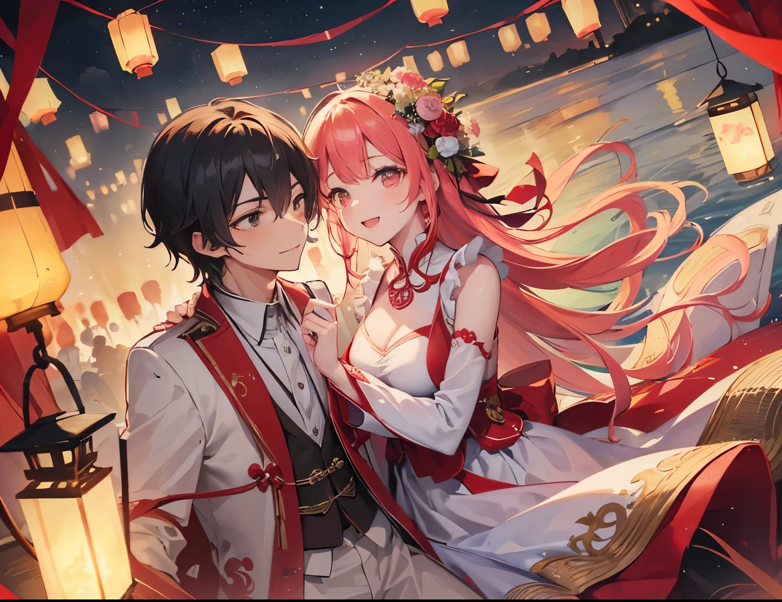 Anime couple in a romantic pose with lanterns in the background - SeaArt AI