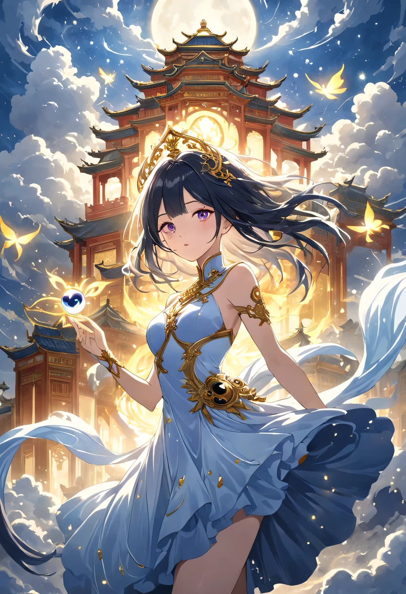 (Magical girl:1.8)，1 female，（violet dress），flowing tulle，Beautiful and elegant woman，Ride the majestic Phoenix，Soar into the clouds。The wind gently lifts her robe，as they gracefully move through the ethereal cloudscape，The sense of fLight is highLighted，((shrouded in mist)),A Song of Ice and Fire，official art，Very detailed，masterpiece，best quality，（Very detailed CG unified 8k wallpaper），（best quality），（Best Illustration），（best shadow），Very detailed pictures，entire character，Photorealism，Surrealism，young woman，Oval face，（delicate fingers），seductive eyes，Little mouth，flowing long black hair，thorn crown，（8k， The original， professional， best quality， masterpiece：1.2）， （realistically，realistically：1.37）， Super detailed， （portrait）， （Skin in the highest detail：1.2）， （Facial details are richest：1.2）， Light，((Oriental Palace))，(((The ancient Forbidden City)))，(The majestic Great Wall)，Magical oriental Taoist elements，Bagua patterns with magical powers，Tai Chi Yin Yang Fish Totem，((Taoist Tai Chi Yin Yang Bagua chart;1.2)),((Magnificent palace)),The palace is decorated with ice, Add visual drama to a scene. Capturing the beautiful combination of girly dance and wildness, Flying ice flowers, Evokes a sense of power, vitality, And the beauty of nature&#39;s original energy.Delicate character art in poetry，Stunning character art，Fan Qi，Wu Zhun Shifan，Send Light sprite，Gorgeous elements of the palace theme。mysterious city，Beautiful village，Surrounded by flowers，Cleverly surrounded by firefly，（"town" theme），（leaf），（branch），（firefly），（particle effect）and other 3D， octane rendering，Light line tracing，super detailed