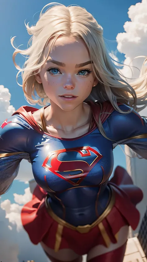 Gere uma imagem de Milly Alcock, como Supergirl em DC, flying in sky.

alta qualidade, ultra-realista, 36K
