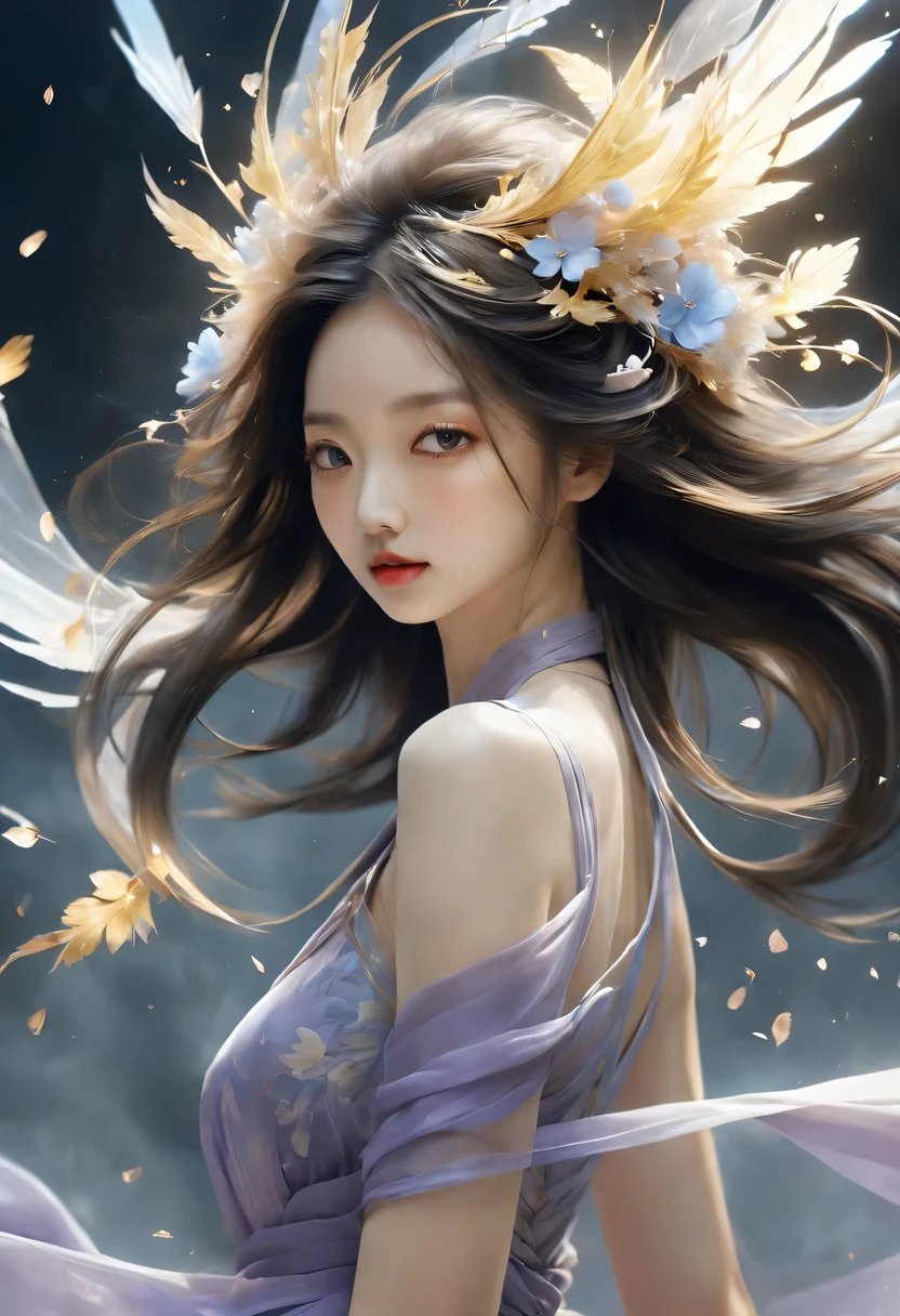 (Magical girl:1.8)，1 female，（violet dress），flowing tulle，Beautiful and elegant woman，Ride the majestic Phoenix，Soar into the clouds。The wind gently lifts her robe，as they gracefully move through the ethereal cloudscape，The sense of fLight is highLighted，((shrouded in mist)),A Song of Ice and Fire，official art，Very detailed，masterpiece，best quality，（Very detailed CG unified 8k wallpaper），（best quality），（Best Illustration），（best shadow），Very detailed pictures，entire character，Photorealism，Surrealism，young woman，Oval face，（delicate fingers），seductive eyes，Little mouth，flowing long black hair，thorn crown，（8k， The original， professional， best quality， masterpiece：1.2）， （realistically，realistically：1.37）， Super detailed， （portrait）， （Skin in the highest detail：1.2）， （Facial details are richest：1.2）， Light，((Oriental Palace))，(((The ancient Forbidden City)))，(The majestic Great Wall)，Magical oriental Taoist elements，Bagua patterns with magical powers，Tai Chi Yin Yang Fish Totem，((Taoist Tai Chi Yin Yang Bagua chart;1.2)),((Magnificent palace)),The palace is decorated with ice, Add visual drama to a scene. Capturing the beautiful combination of girly dance and wildness, Flying ice flowers, Evokes a sense of power, vitality, And the beauty of nature&#39;s original energy.Delicate character art in poetry，Stunning character art，Fan Qi，Wu Zhun Shifan，Send Light sprite，Gorgeous elements of the palace theme。mysterious city，Beautiful village，Surrounded by flowers，Cleverly surrounded by firefly，（"town" theme），（leaf），（branch），（firefly），（particle effect）and other 3D， octane rendering，Light line tracing，super detailed