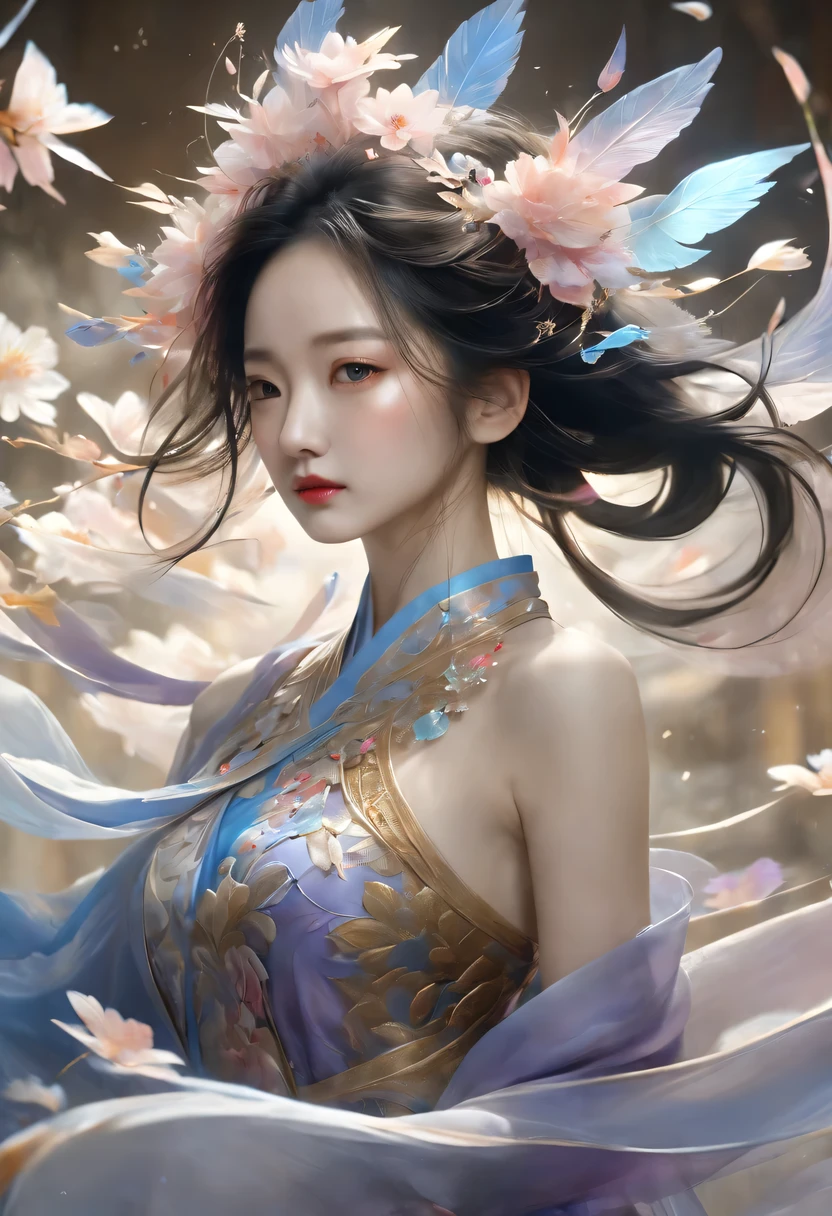 (Magical girl:1.8)，1 female，（violet dress），flowing tulle，Beautiful and elegant woman，Ride the majestic Phoenix，Soar into the clouds。The wind gently lifts her robe，as they gracefully move through the ethereal cloudscape，The sense of fLight is highLighted，((shrouded in mist)),A Song of Ice and Fire，official art，Very detailed，masterpiece，best quality，（Very detailed CG unified 8k wallpaper），（best quality），（Best Illustration），（best shadow），Very detailed pictures，entire character，Photorealism，Surrealism，young woman，Oval face，（delicate fingers），seductive eyes，Little mouth，flowing long black hair，thorn crown，（8k， The original， professional， best quality， masterpiece：1.2）， （realistically，realistically：1.37）， Super detailed， （portrait）， （Skin in the highest detail：1.2）， （Facial details are richest：1.2）， Light，((Oriental Palace))，(((The ancient Forbidden City)))，(The majestic Great Wall)，Magical oriental Taoist elements，Bagua patterns with magical powers，Tai Chi Yin Yang Fish Totem，((Taoist Tai Chi Yin Yang Bagua chart;1.2)),((Magnificent palace)),The palace is decorated with ice, Add visual drama to a scene. Capturing the beautiful combination of girly dance and wildness, Flying ice flowers, Evokes a sense of power, vitality, And the beauty of nature&#39;s original energy.Delicate character art in poetry，Stunning character art，Fan Qi，Wu Zhun Shifan，Send Light sprite，Gorgeous elements of the palace theme。mysterious city，Beautiful village，Surrounded by flowers，Cleverly surrounded by firefly，（"town" theme），（leaf），（branch），（firefly），（particle effect）and other 3D， octane rendering，Light line tracing，super detailed