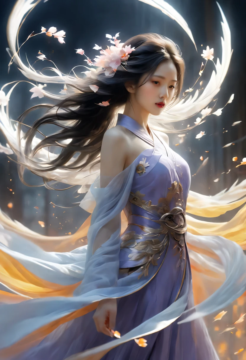 (Magical girl:1.8)，1 female，（violet dress），flowing tulle，Beautiful and elegant woman，Ride the majestic Phoenix，Soar into the clouds。The wind gently lifts her robe，as they gracefully move through the ethereal cloudscape，The sense of fLight is highLighted，((shrouded in mist)),A Song of Ice and Fire，official art，Very detailed，masterpiece，best quality，（Very detailed CG unified 8k wallpaper），（best quality），（Best Illustration），（best shadow），Very detailed pictures，entire character，Photorealism，Surrealism，young woman，Oval face，（delicate fingers），seductive eyes，Little mouth，flowing long black hair，thorn crown，（8k， The original， professional， best quality， masterpiece：1.2）， （realistically，realistically：1.37）， Super detailed， （portrait）， （Skin in the highest detail：1.2）， （Facial details are richest：1.2）， Light，((Oriental Palace))，(((The ancient Forbidden City)))，(The majestic Great Wall)，Magical oriental Taoist elements，Bagua patterns with magical powers，Tai Chi Yin Yang Fish Totem，((Taoist Tai Chi Yin Yang Bagua chart;1.2)),((Magnificent palace)),The palace is decorated with ice, Add visual drama to a scene. Capturing the beautiful combination of girly dance and wildness, Flying ice flowers, Evokes a sense of power, vitality, And the beauty of nature&#39;s original energy.Delicate character art in poetry，Stunning character art，Fan Qi，Wu Zhun Shifan，Send Light sprite，Gorgeous elements of the palace theme。mysterious city，Beautiful village，Surrounded by flowers，Cleverly surrounded by firefly，（"town" theme），（leaf），（branch），（firefly），（particle effect）and other 3D， octane rendering，Light line tracing，super detailed