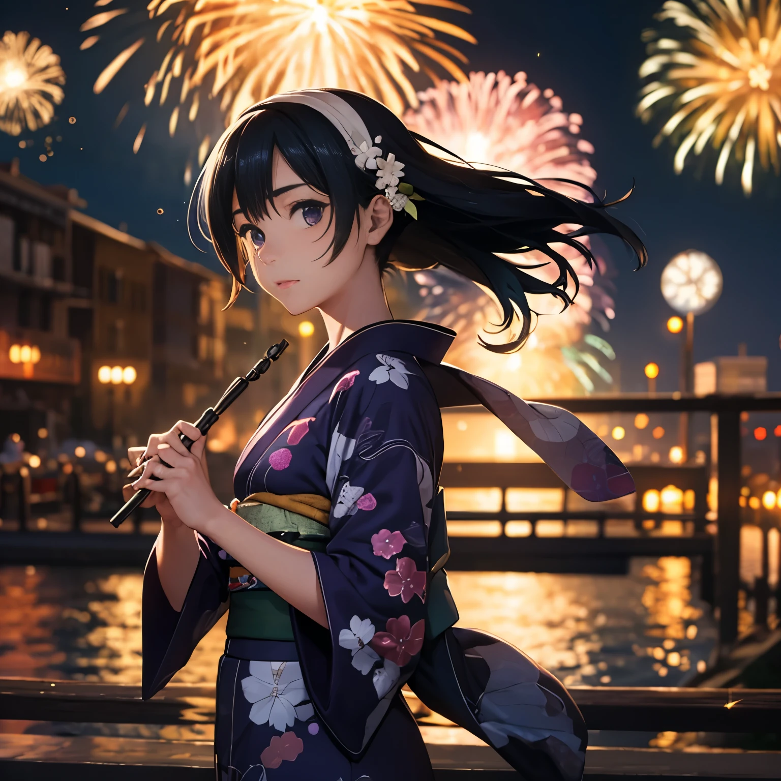 best image quality、original character、volume lighting、Purple Long Hair Summer Kimono Dress、lots of fireworks、Particle World