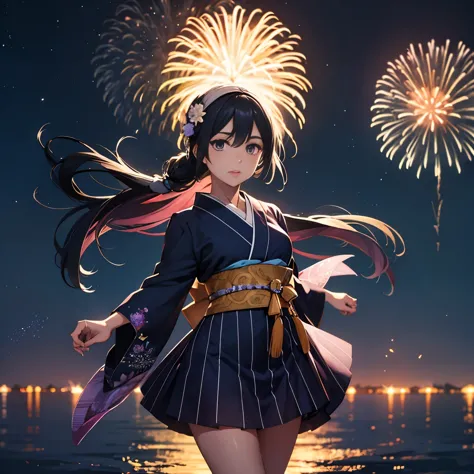 best image quality、original character、volume lighting、Purple Long Hair Summer Kimono Dress、lots of fireworks、Particle World